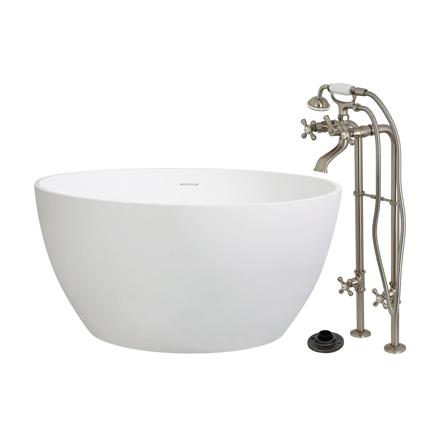 Arcticstone 45 Inch Freestanding Soaking Bathtub - Solid Surface Round Double Ended Tub with Brushed Nickel Faucet Combo & Drain - Perfect for Luxury Bathrooms & Spa Retreats