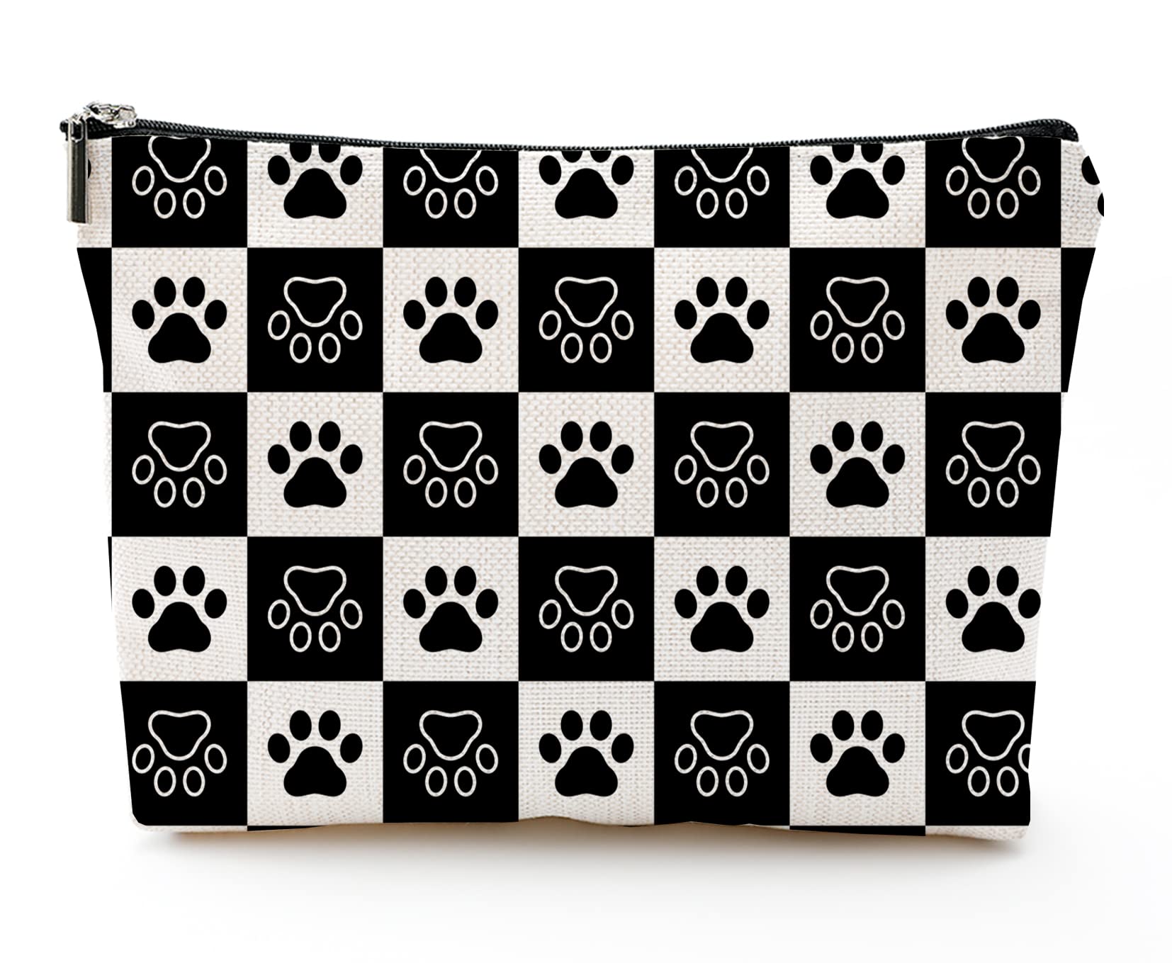 YUMQSEOS Large Travel Makeup Bag for Women - 7x10 Inch Cosmetic Organizer with Zipper Pouch, Black and White Plaid Dog Paws Design - Perfect for Toiletries, Travel Essentials & Daily Makeup Storage