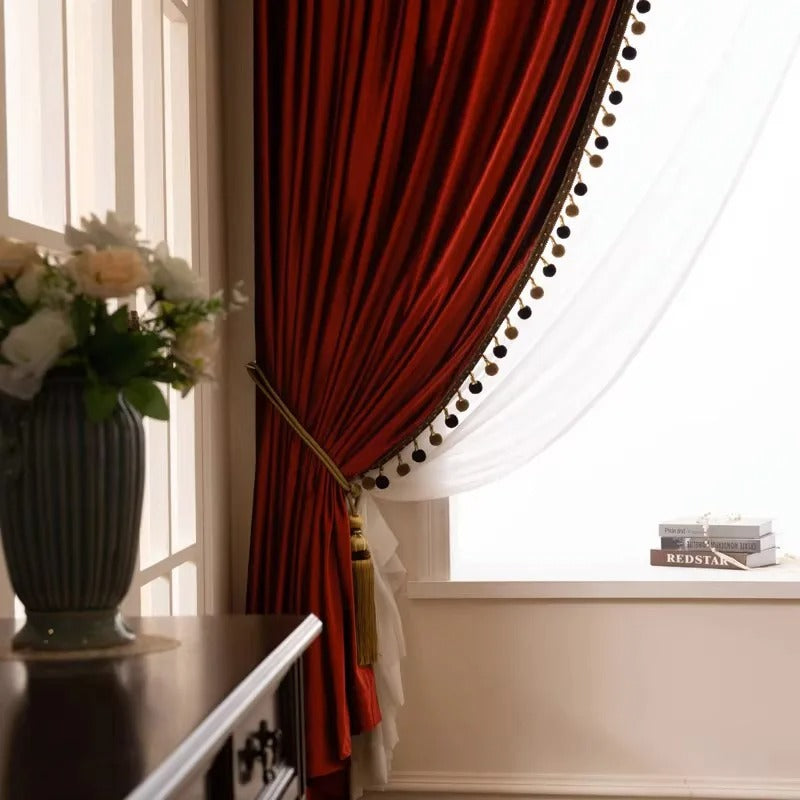 Luxury European Pompom Lace Velvet Curtains - Dark Red Window Drapes for Living Room, Bedroom & Home Decor