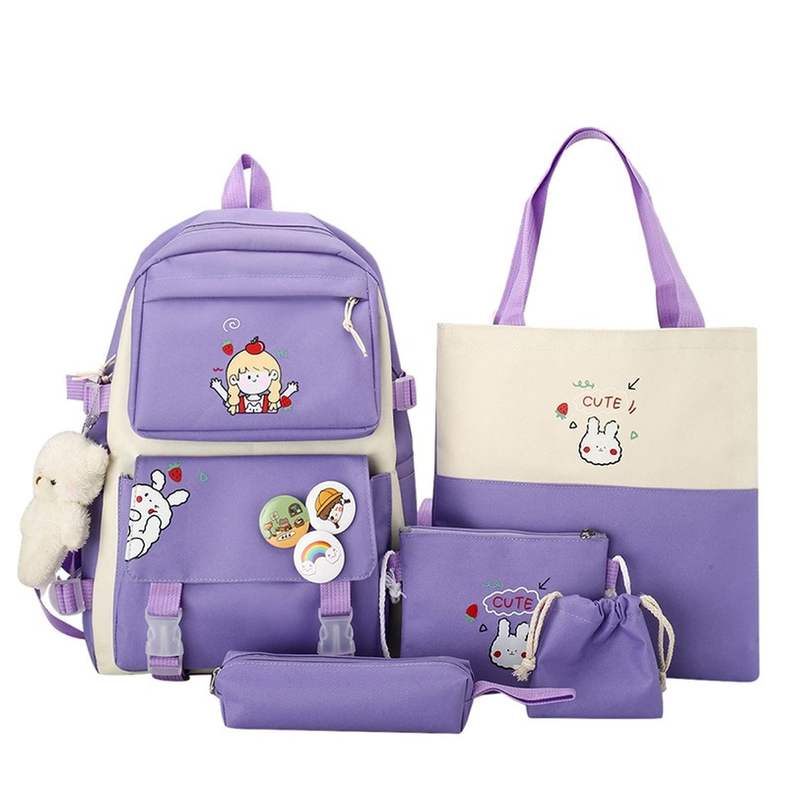 5Pcs Cute Kawaii Bear Canvas Backpack Set - School Backpack with Pendant & Pins, Laptop Tote Bag for Girls Teens - Perfect for School, College, Travel & Daily Use (Purple)