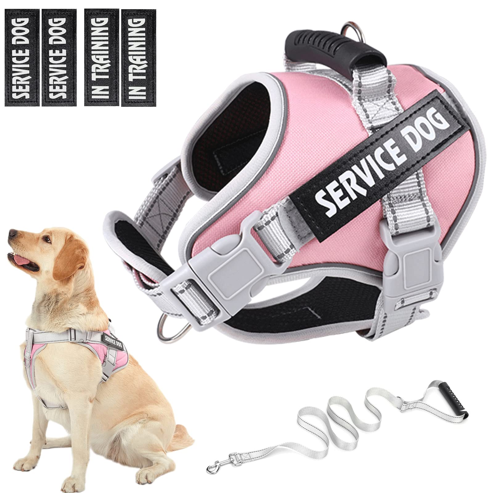 **Service Dog Vest Harness - No Pull Training Harness with Handle & 5ft Leash - Adjustable Reflective No-Choke Pet Vest for Small, Medium, Large Dogs - Walking, Running, Therapy, Outdoor Adventures (Pink, S)**