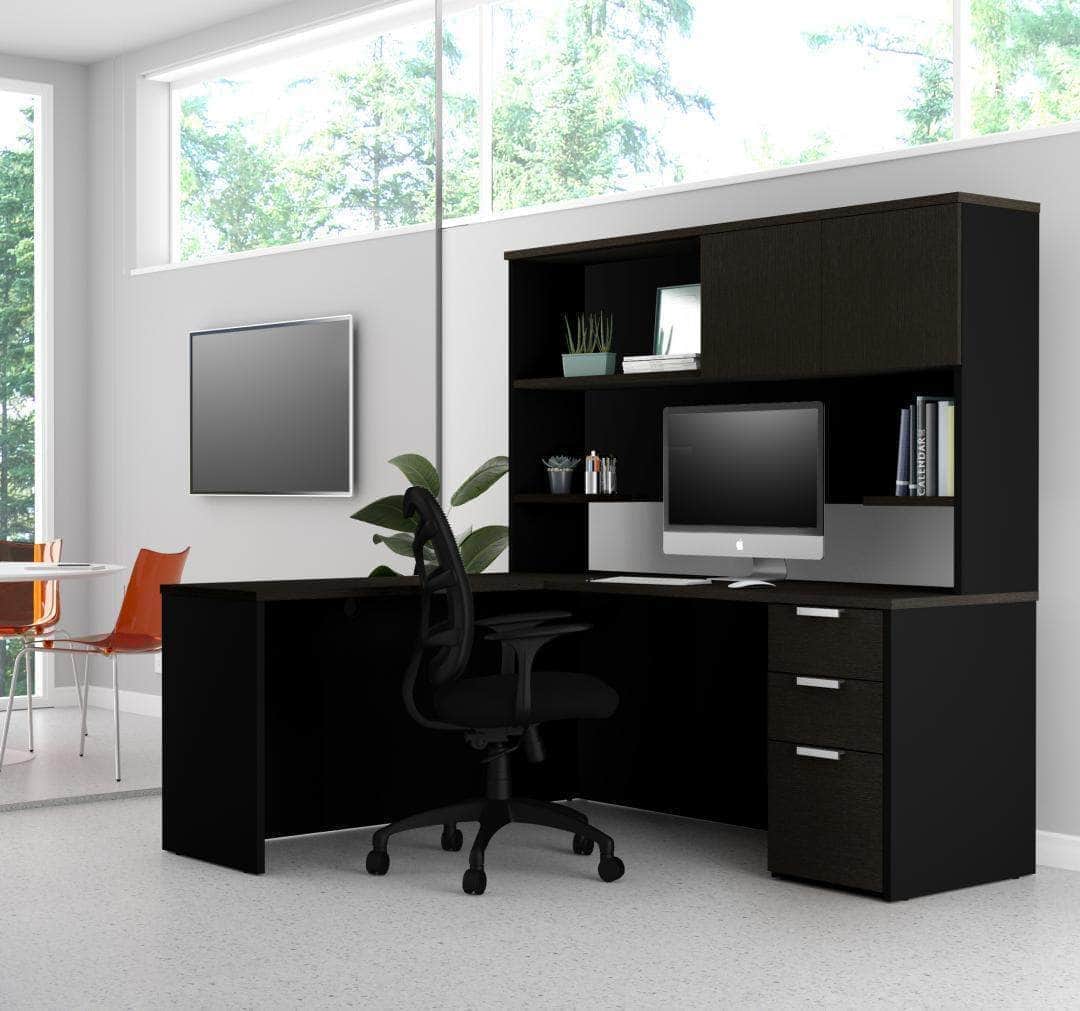 Pro Concept Plus L-Shaped Desk with Pedestal and Hutch - Deep Grey & Black - Home Office Workstation for Computer, Laptop & Study Space