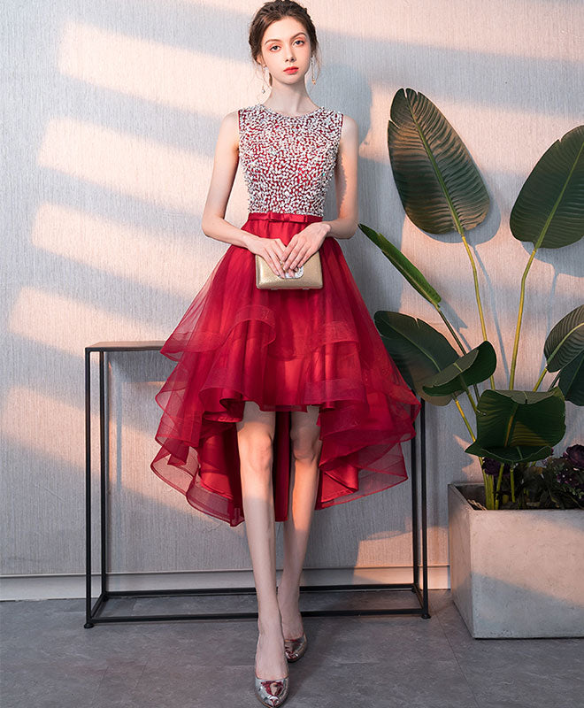 Elegant Burgundy Tulle Sequin Short Prom Dress with Round Neckline - Perfect for Homecoming, Parties & Special Occasions