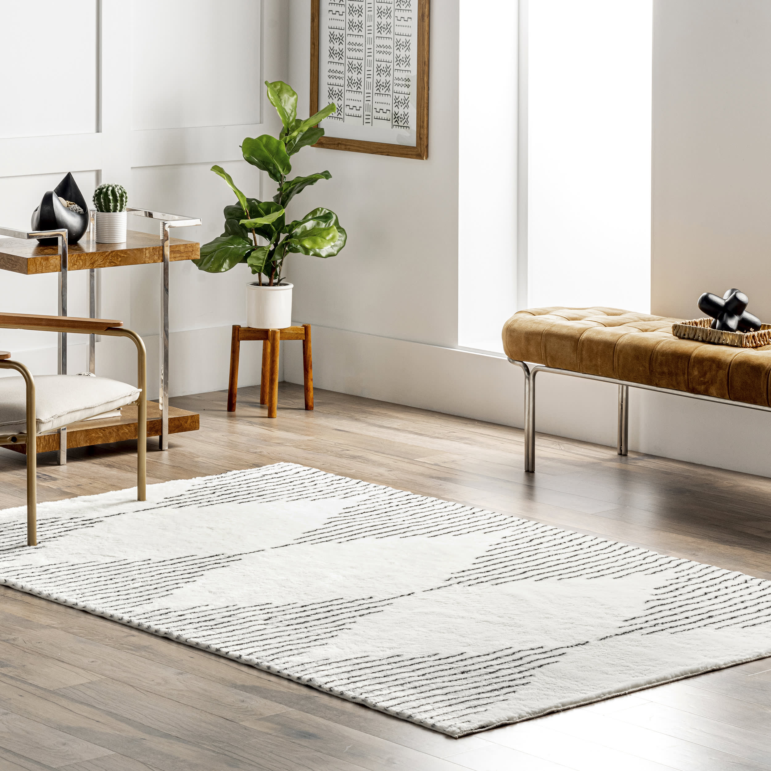 Bailee Diamond Pinstriped Washable Shag Rug - Soft Plush Area Rug for Living Room, Bedroom & Nursery - Black Shaggy Carpet for Cozy Home Decor