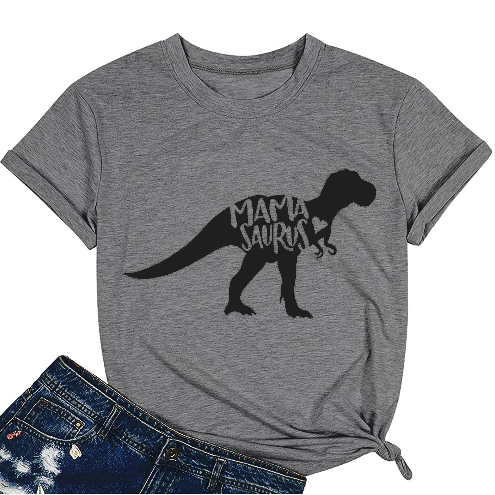 Funny Dinosaur Mom T-Shirt - Women's Graphic Printed Short Sleeve Casual Tee for Mother's Day Gift | Perfect for Family Outings, Birthday Parties & Casual Wear