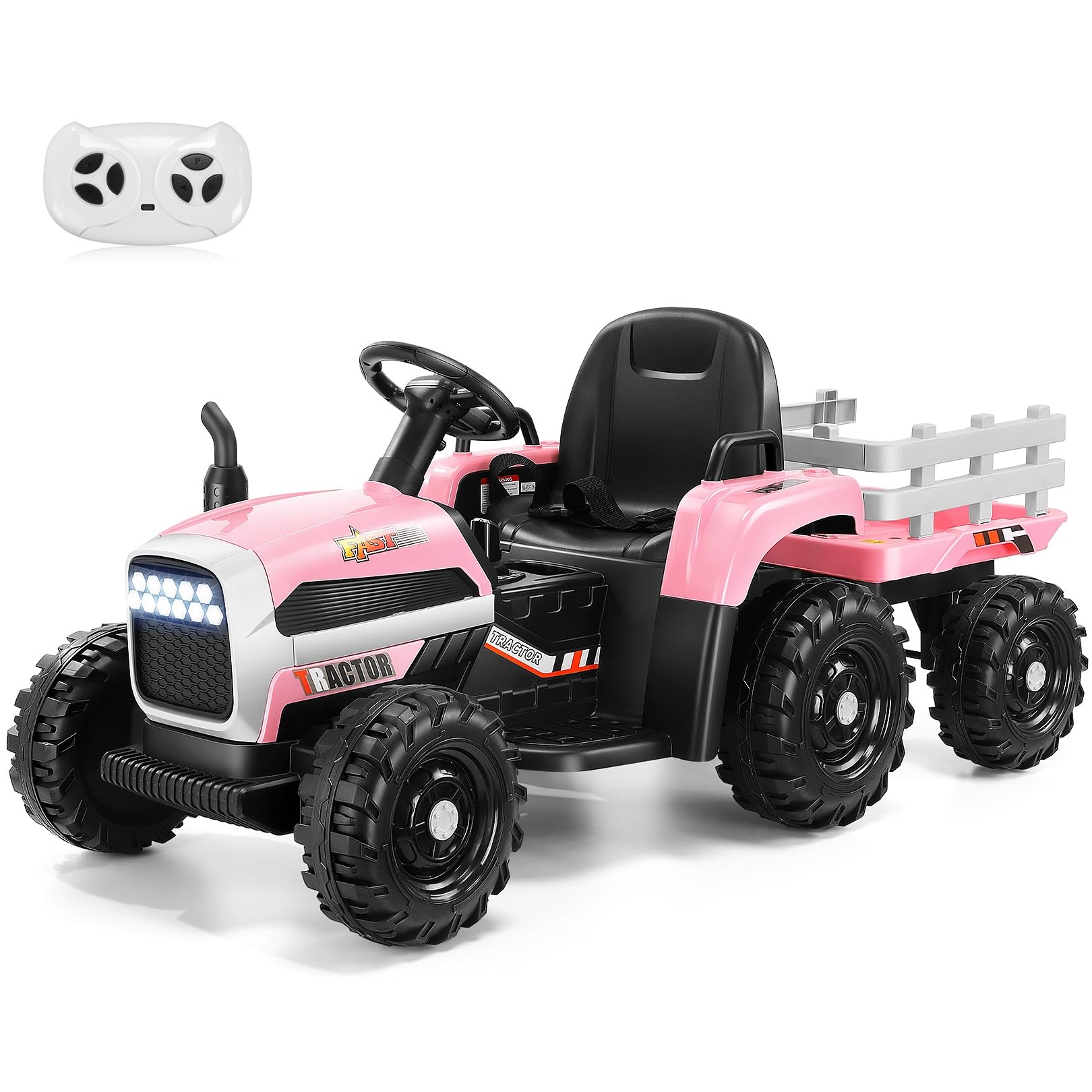 Hikole 12V Electric Ride On Tractor with Trailer for Kids - Pink | Remote Control, 3 Speed Adjustable, LED Lights & Music | Safe Treaded Tires & Seat Belt | Perfect Outdoor Toy Gift for Boys & Girls Ages 3-6 | Birthday, Christmas & Backyard Playtime