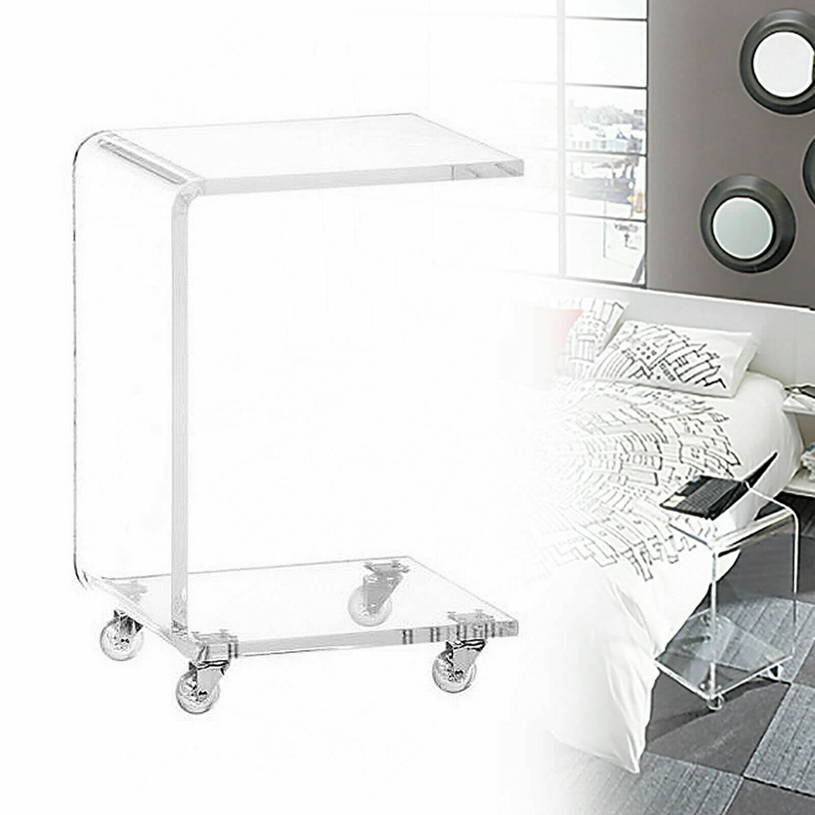TFCFL Mobile C-Shaped Acrylic End Table with Wheels - Clear Rolling Nightstand for Living Room, Bedroom & Office - Perfect as Coffee Table, Snack Table, Side Table - Modern & Multipurpose Home Furniture