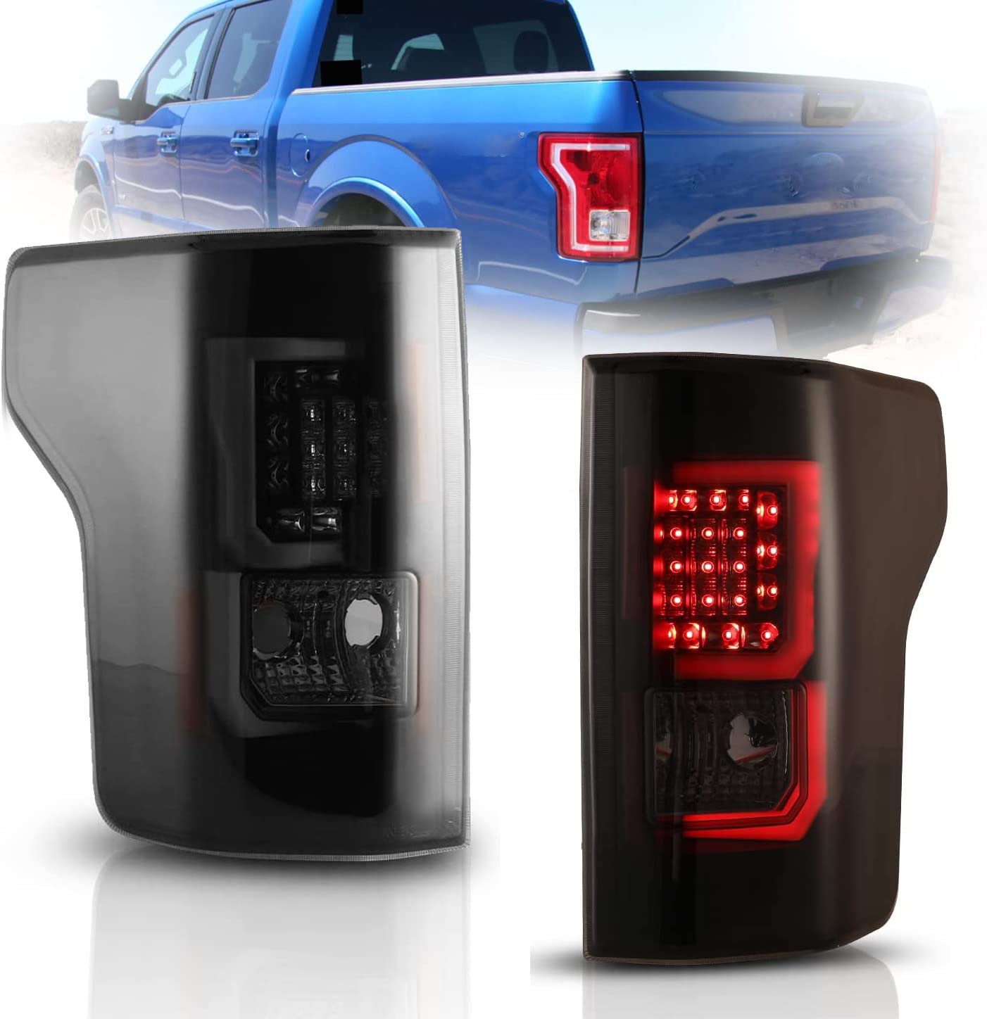ROXX Full LED Tail Lights Assembly for 2015-2017 Ford F150 Pickup Truck - Smoke Lens Replacement with LED Turn Signal, Brake Light, DRL & Parking Lights | Enhanced Visibility & Style Upgrade for Night Driving & Customization
