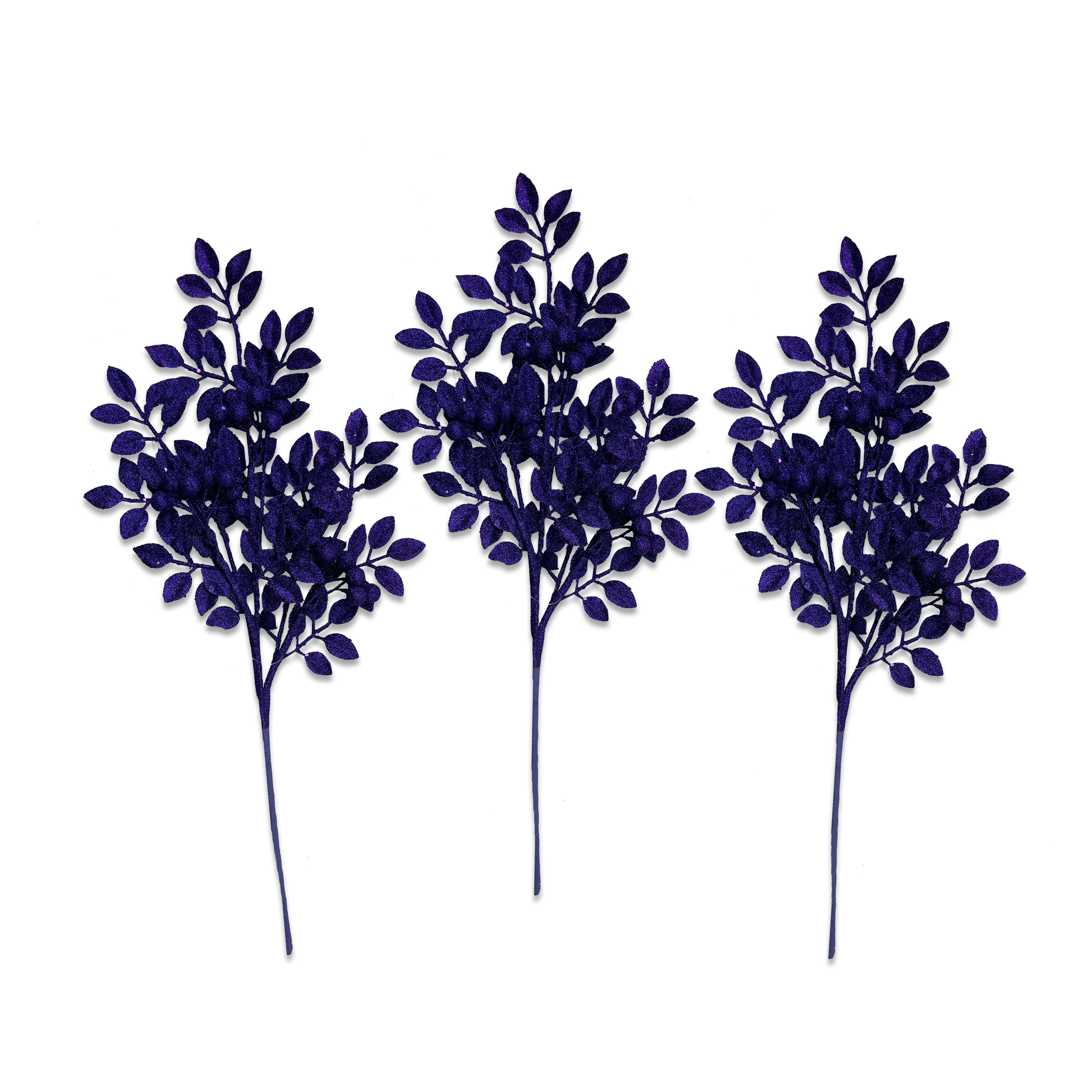3 Pack Purple Leaf Clustered Glitter Picks for Floral Arrangements, Wedding Decor, DIY Crafts - Sparkling Decorative Stems for Centerpieces and Bouquets