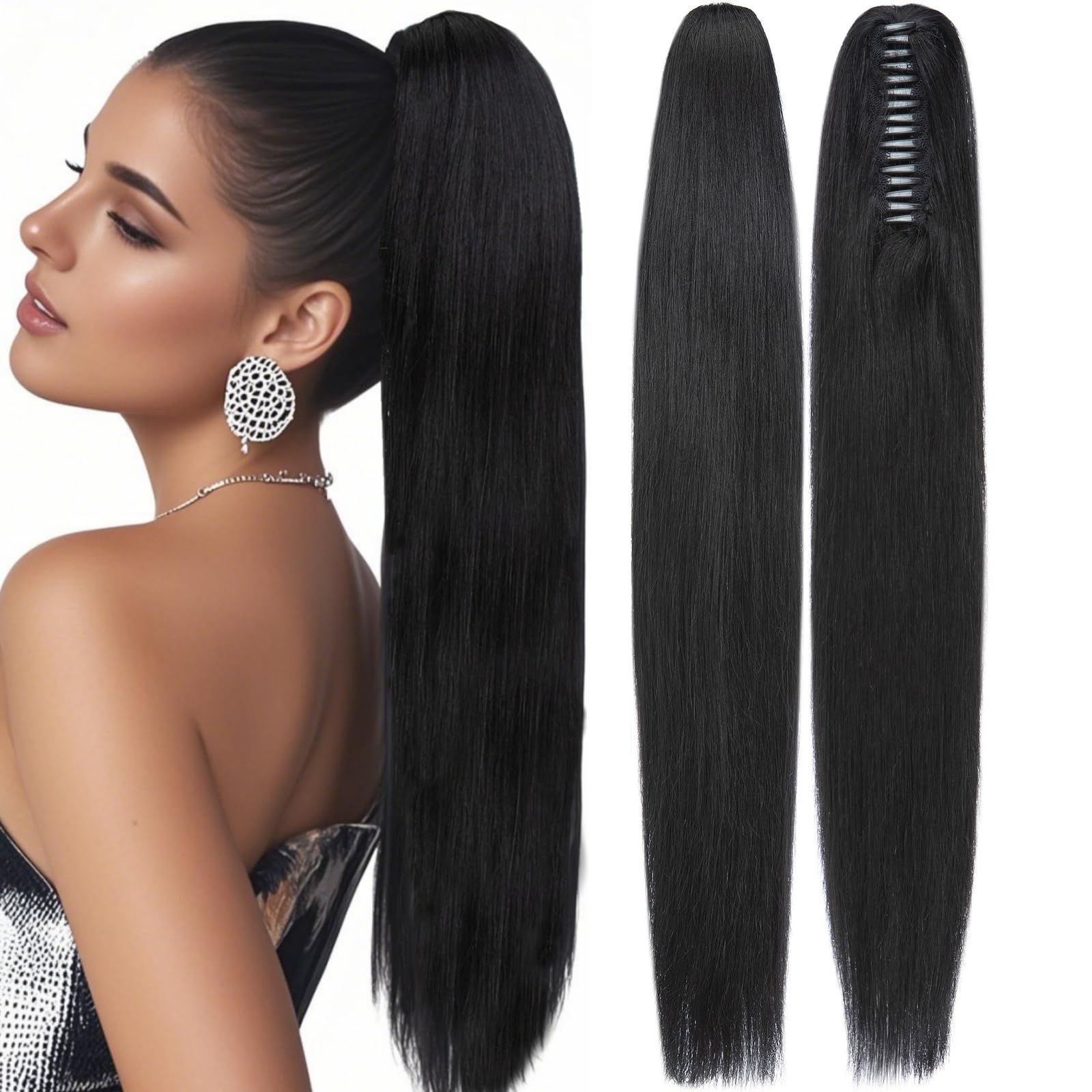 Rich Choices Jet Black 22 Inch 120g One Piece Claw Clip Human Hair Ponytail Extension - Real Hair Balayage Straight Ponytail for Women - Perfect for Parties, Weddings & Everyday Styling