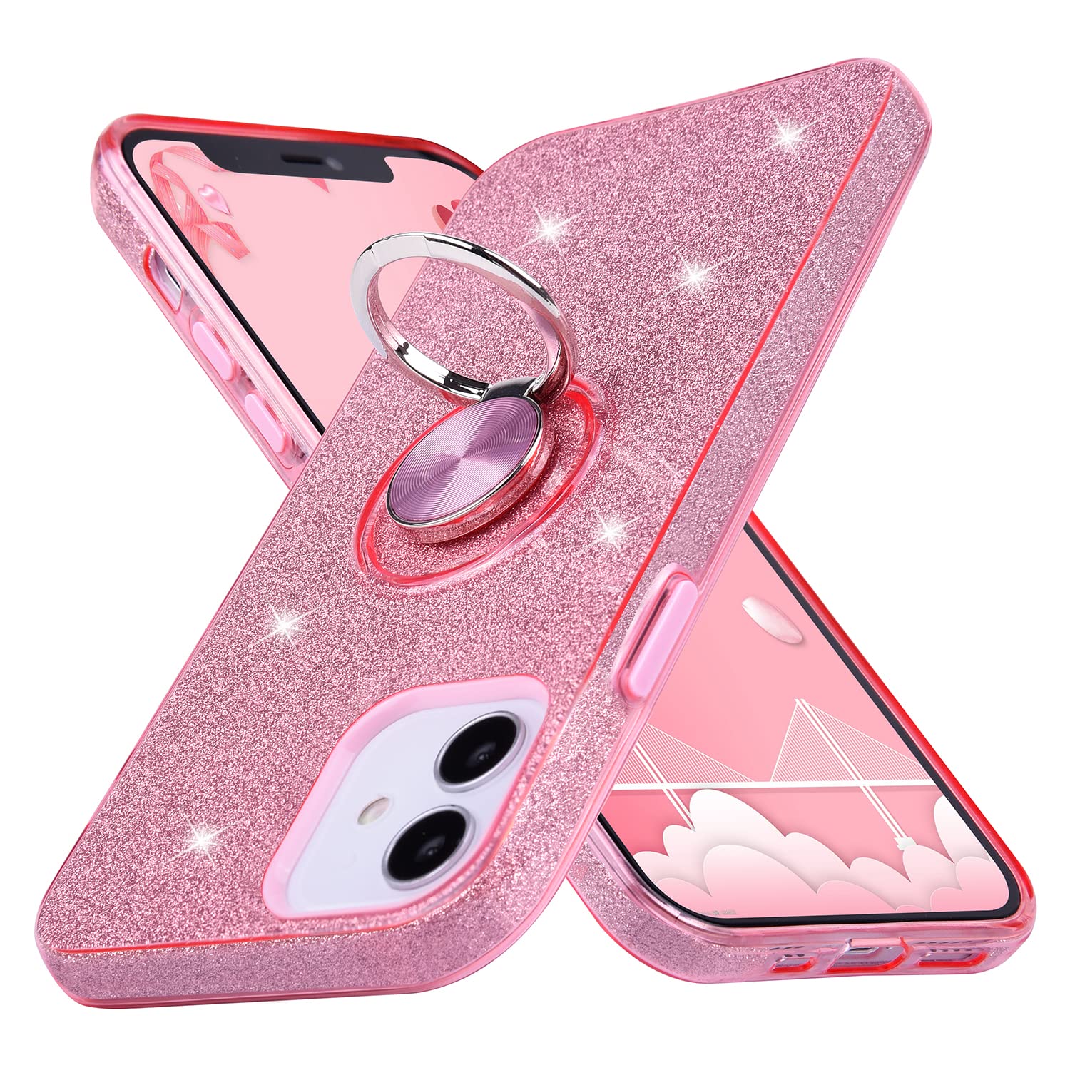 Wisdompro Sparkle Glitter Bling Protective Case with Ring Kickstand for iPhone 12 Mini 5.4 Inch - Pink | Cute Women Girls Phone Cover | Perfect for Daily Use, Work, and Travel