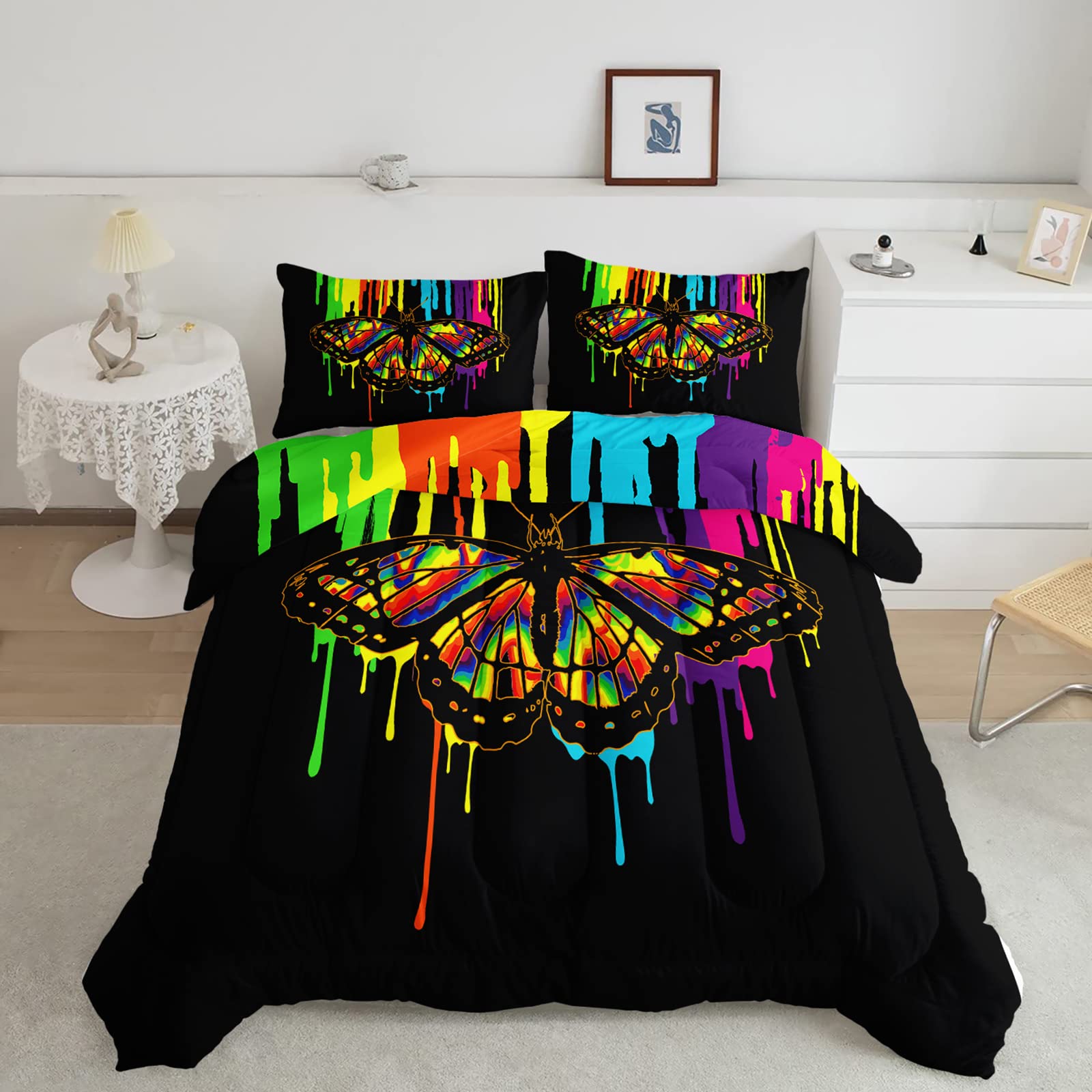BSNTHO Rainbow Butterflies Comforter Set Twin Size - 3 Piece Kids Bedding with 2 Pillowcases | Down Alternative, Soft & Lightweight All-Season Comforter | Perfect for Girls' Bedroom, Dorm Room & Sleepovers