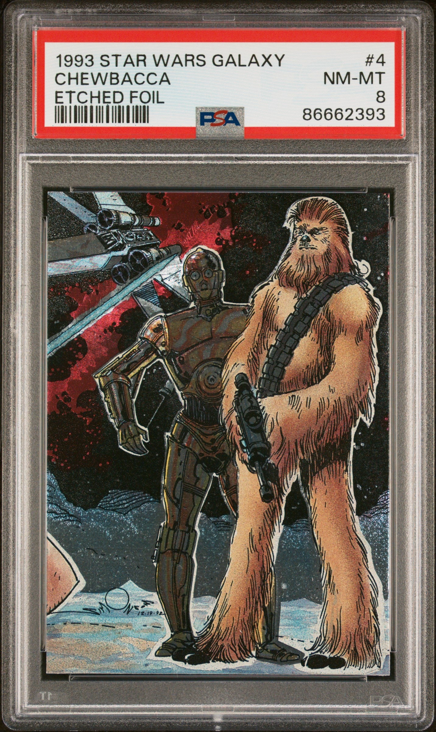 1993 Star Wars Chewbacca Etched Foil Trading Card #4 PSA 8 - Rare Collectible for Fans & Display in Home or Office