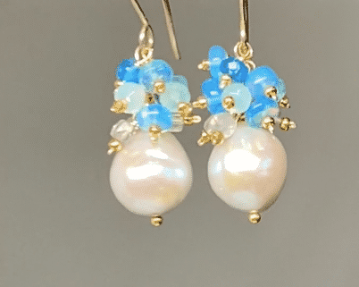 Silver Pearl Cluster Earrings with Blue Opal & Labradorite in Gold Fill - Elegant Boho Jewelry for Women, Perfect for Weddings, Parties & Special Occasions