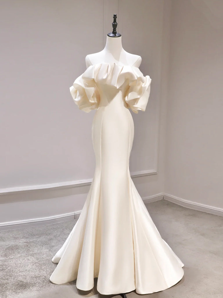 Elegant Light Champagne Mermaid Off Shoulder Satin Prom Dress - Formal Evening Gown for Homecoming, Wedding & Special Occasions