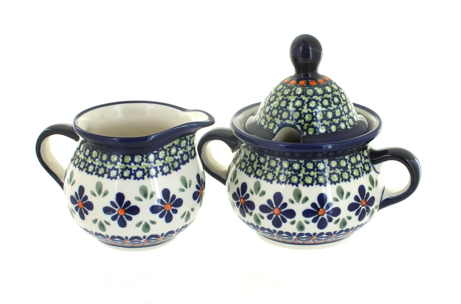 Handmade Blue Rose Polish Pottery Mosaic Flower Cream & Sugar Set - Vintage Tea Accessories for Afternoon Tea & Coffee Time