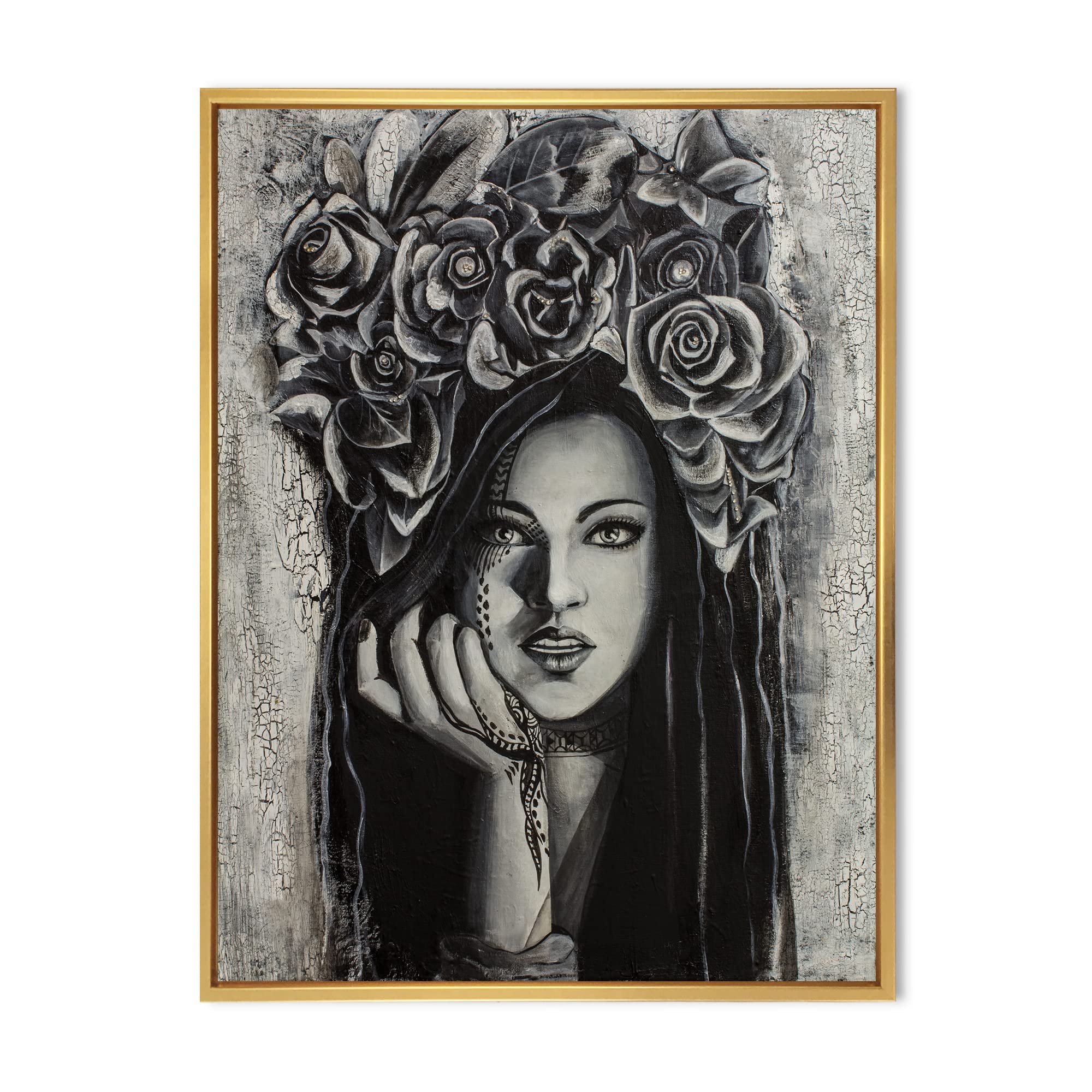 DesignQ Portrait of A Young Lady With Flowers III - Modern Framed Canvas Wall Art Print for Living Room, Bedroom & Office Decor