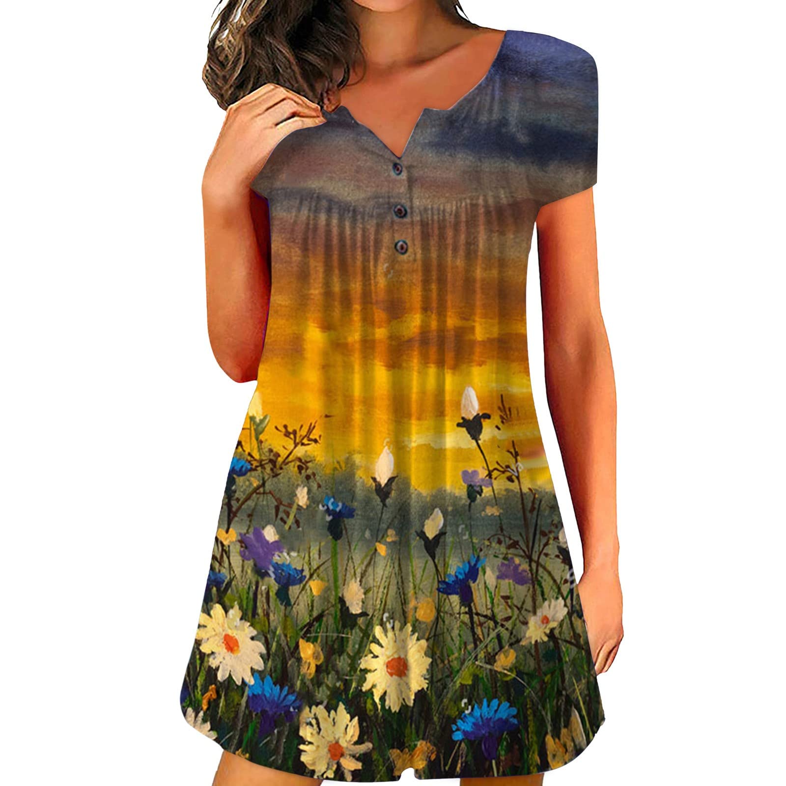 KKJJ Women's Flowy Summer Casual Dress - Short Sleeve V-Neck Loose Comfortable Sundress | Perfect for Beach, Vacation & Everyday Wear