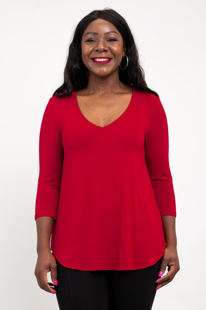 Jackie 3/4 Sleeve Women's Tops - Soft Bamboo Fabric Lipstick Red Blouse for Casual Wear & Office Outfits