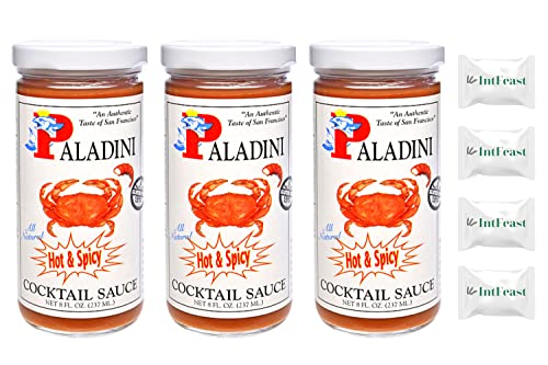 Paladini Hot & Spicy Cocktail Sauce - 8 oz (Pack of 3) with 4 IntFeast Mints | Premium Seafood Dip for Shrimp, Oysters & Crab | Perfect for Parties, BBQs & Family Gatherings