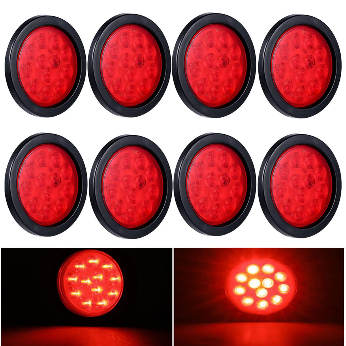 4 Inch Round Red LED Trailer Tail Lights - Pack of 8 with Grommet Plug - Waterproof Stop Turn Signal Lights for Truck, Trailer, RV, Boat & Bus - Perfect for Night Driving, Towing & Marine Applications