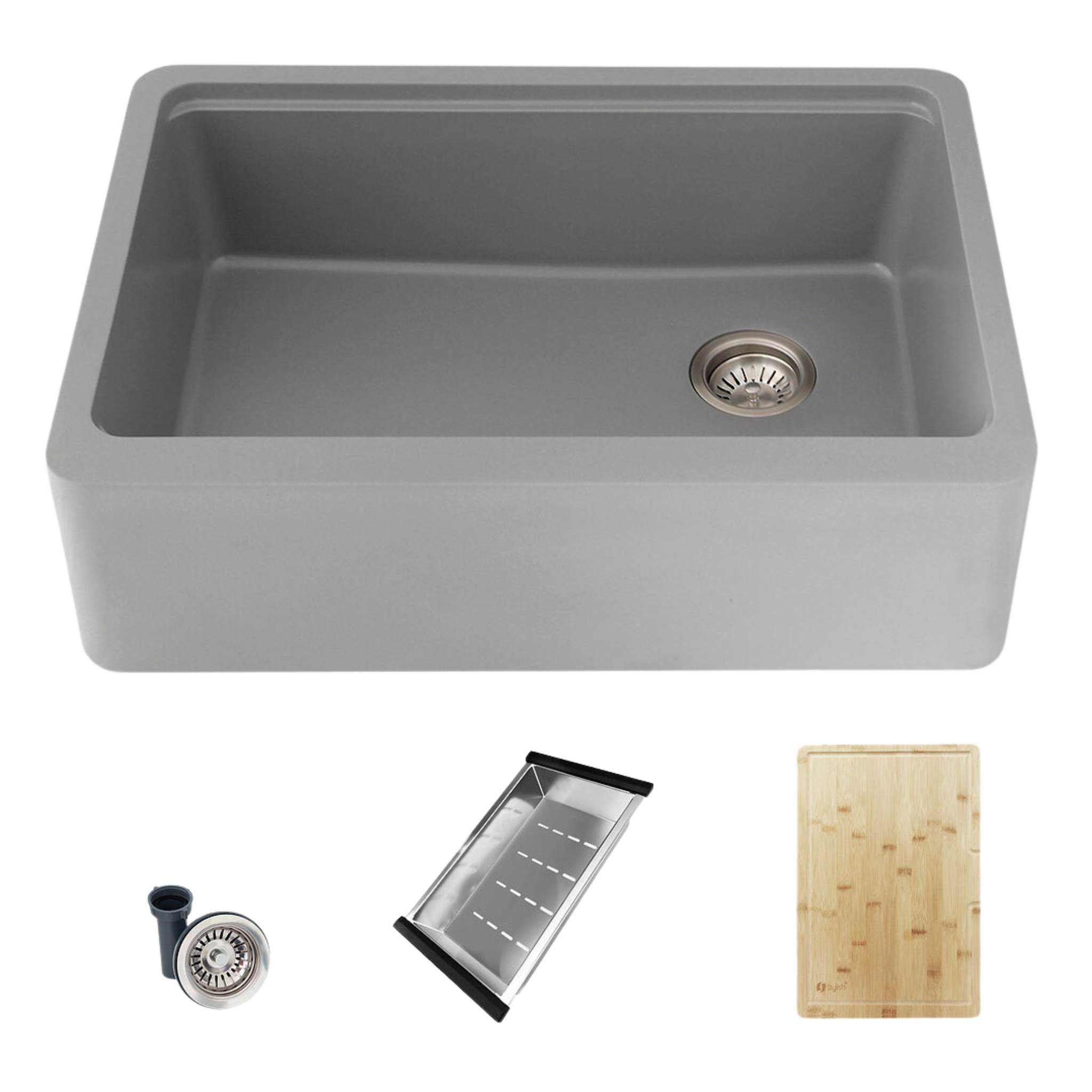 Stylish 30-inch BRONTE S 830WL Farmhouse Apron Front Grey Composite Granite Single Bowl Kitchen Sink - Perfect for Modern Farmhouse & Rustic Kitchen Renovations