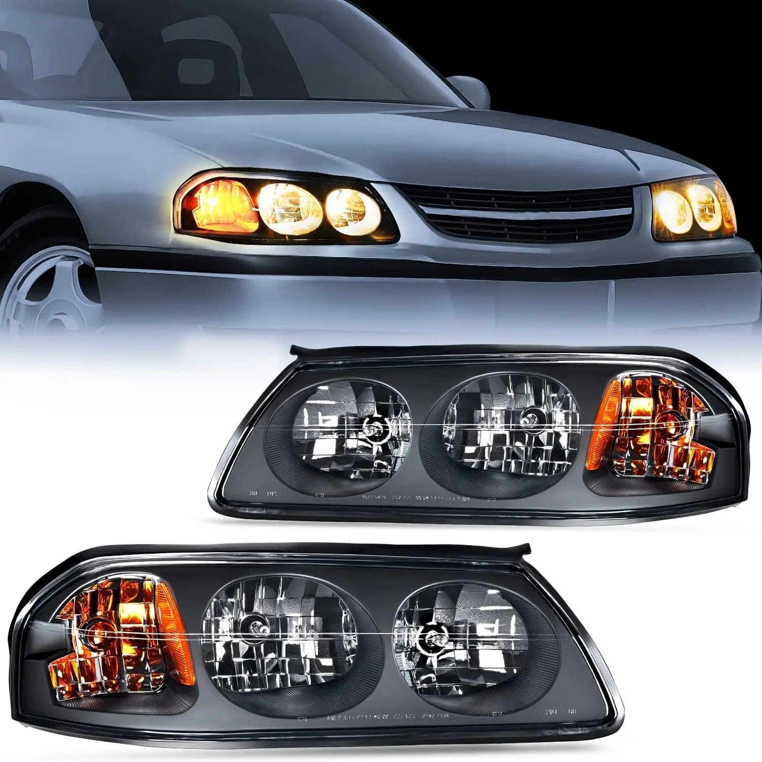 2000-2004 Chevy Impala Headlight Assembly - Black Housing with Amber Reflector - Replacement for Dim/Broken Lights - Perfect for Night Driving & Car Restoration Projects