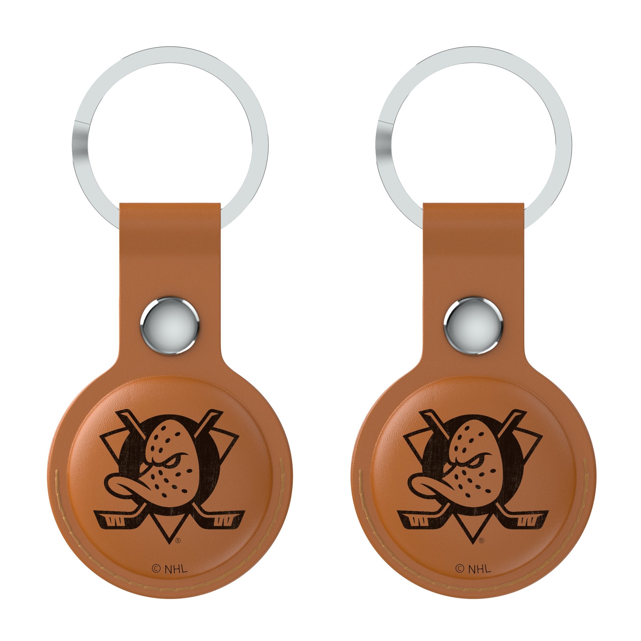 Anaheim Ducks NHL Hockey Team Logo Brown Leather AirTag Holder 2 Pack - Perfect for Keys, Wallets & Backpacks Tracking