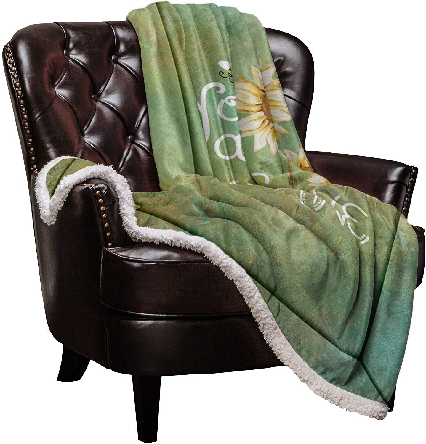 Sherpa Fleece Blanket - Soft Cozy Luxury Reversible Plush Throw 50x80 Inches - Sunflower Bee Teal Design - Ultra Warm Fluffy Microfiber for Couch, Bed, Sofa - Perfect for Winter Nights, Movie Time & Home Decor