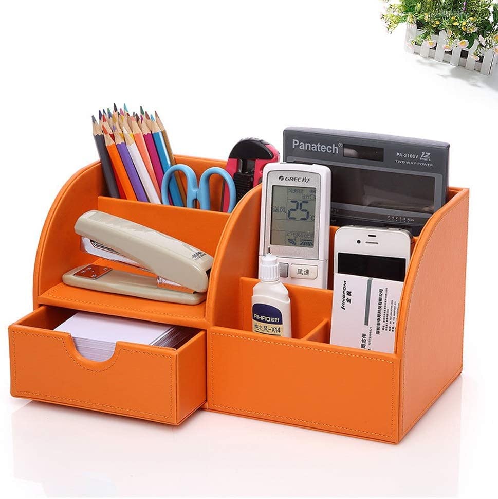 Premium Leather Pen & Pencil Holder with Drawer - Multifunctional Desk Organizer for Office Stationery Storage - Orange Desktop Decor for Home & Office Workspace (Perfect for Writers, Students & Professionals)