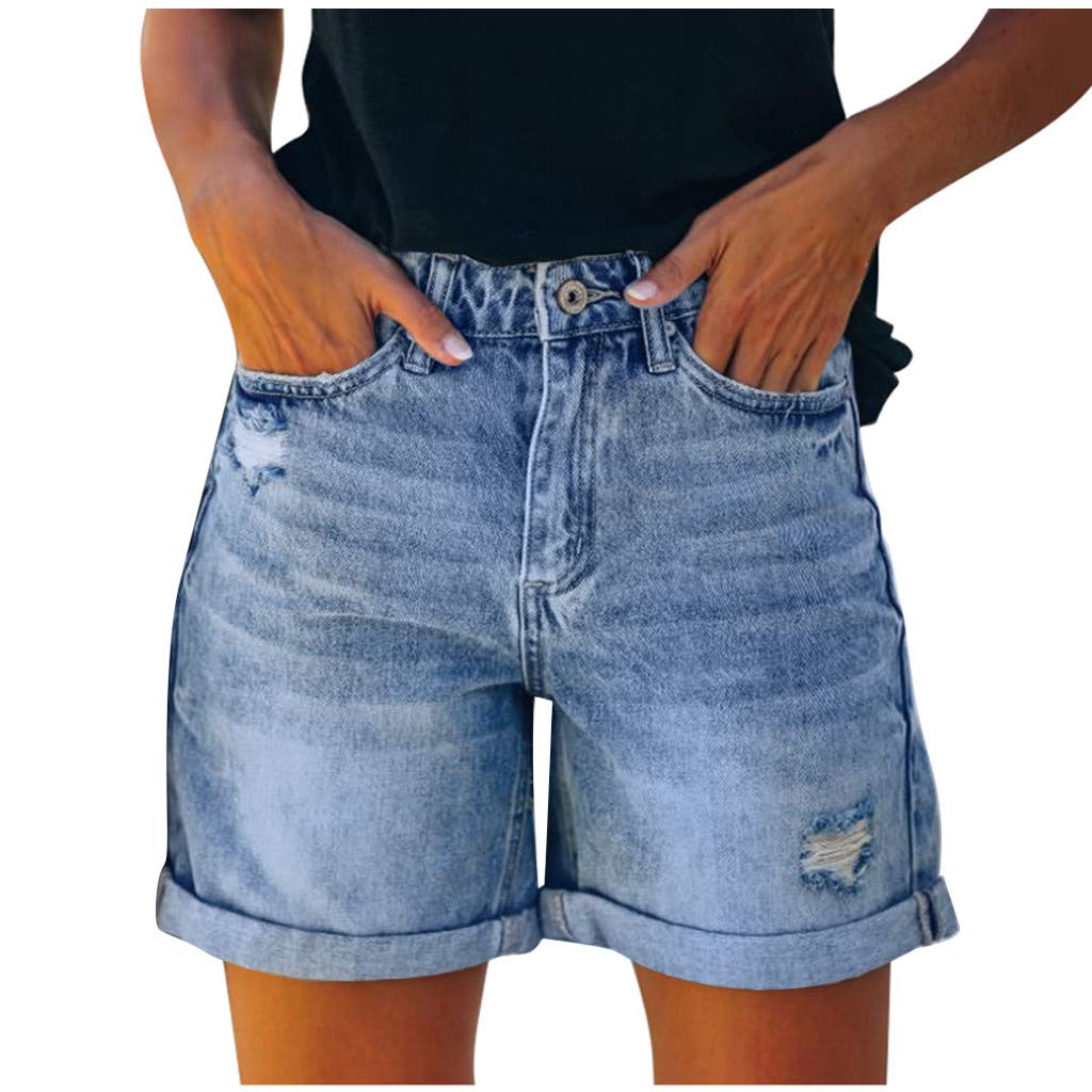Women's Ripped Denim Shorts - Distressed Stretchy Jeans for Summer Casual Wear