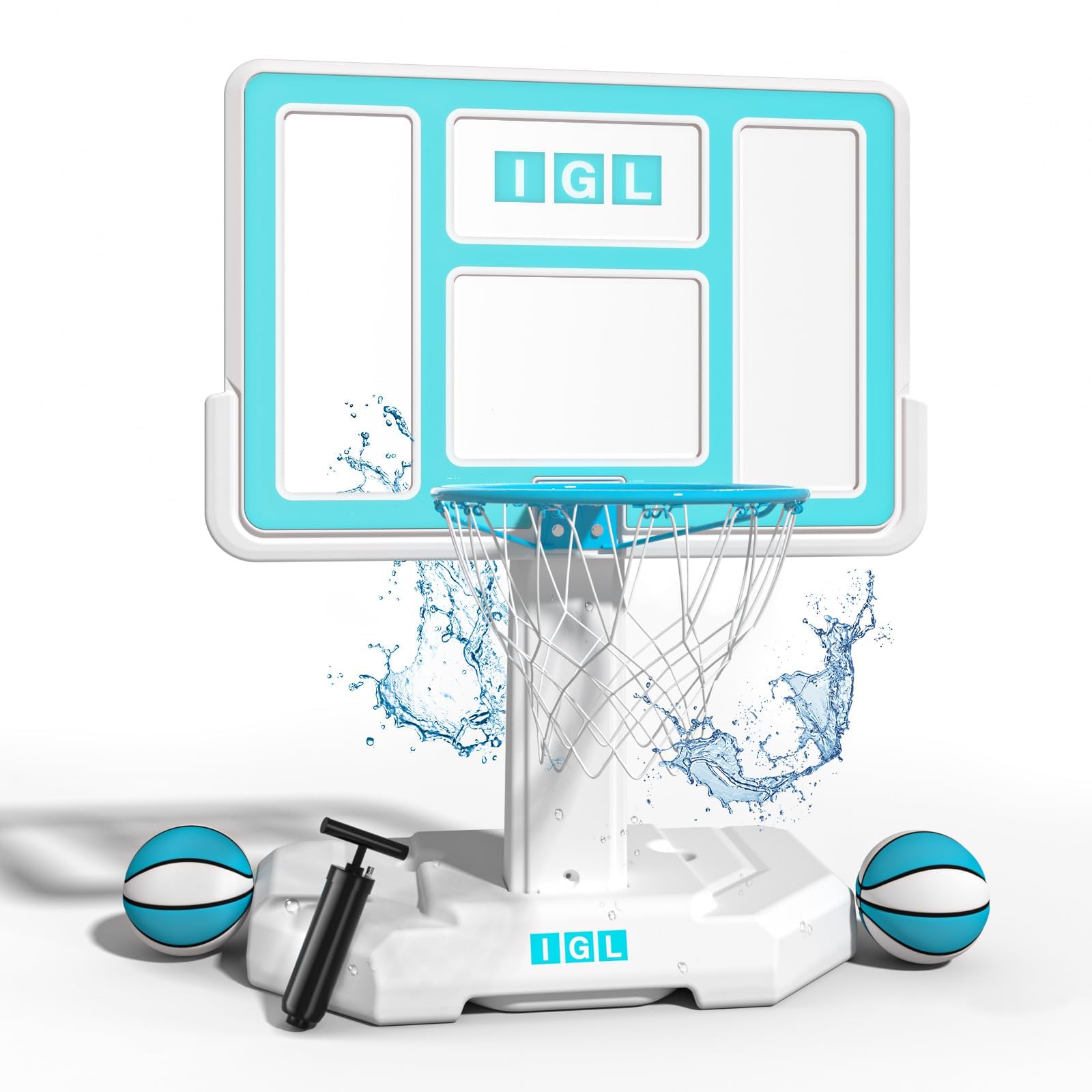 IGL Outdoor Pool Basketball Hoop - Stainless Steel Rim with Double Water Storage Base, Includes 2 Balls & Inflator - Perfect for Backyard, Poolside, and Beach Fun - Fixed Height Basketball Stand for Adults and Kids