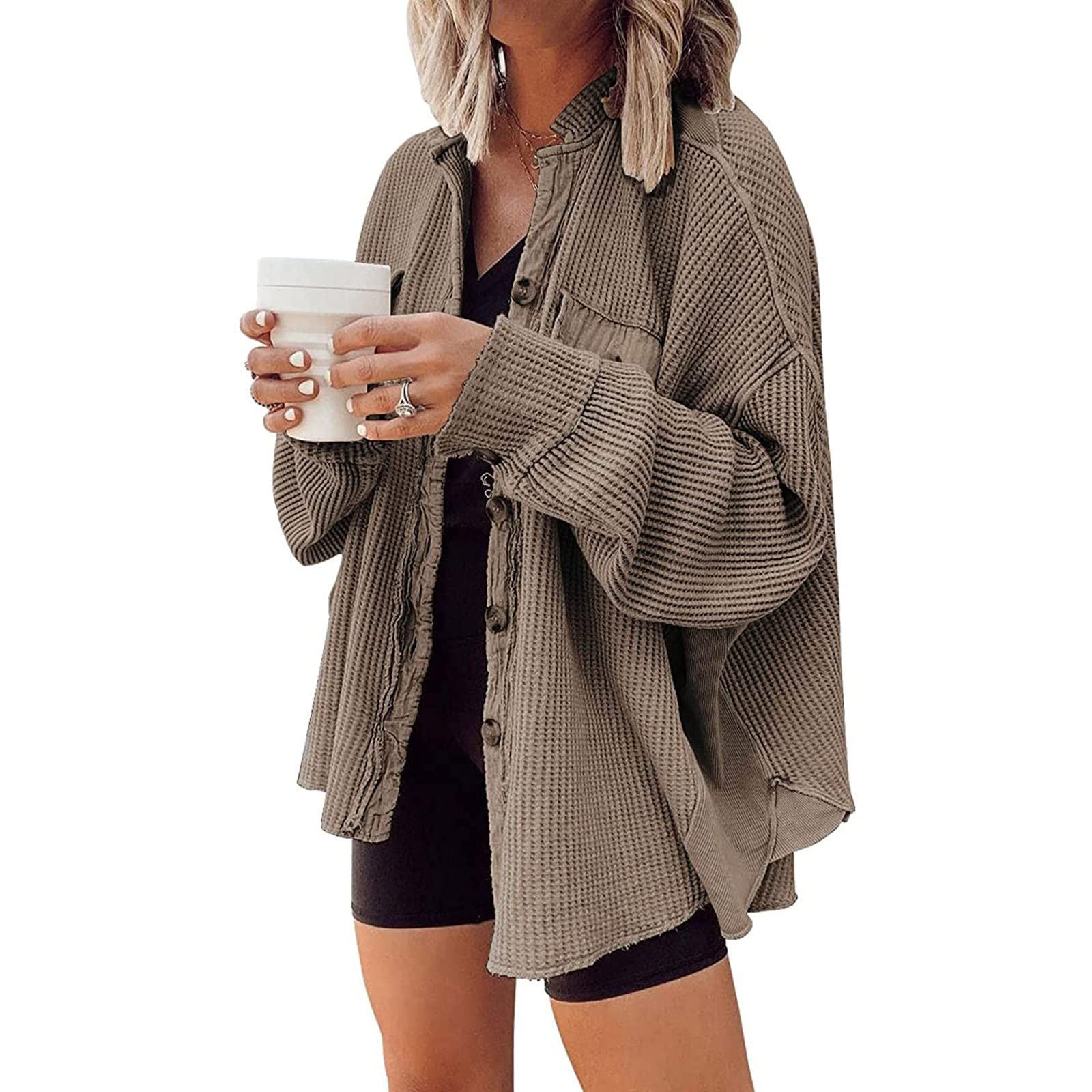 MAYW 2021 Fall Long Sleeve Boyfriend Style Oversized Shirt for Women - Loose Fit Waffle Knit Button Down Lightweight Top | Perfect for Casual Outfits, Layering & Autumn Fashion