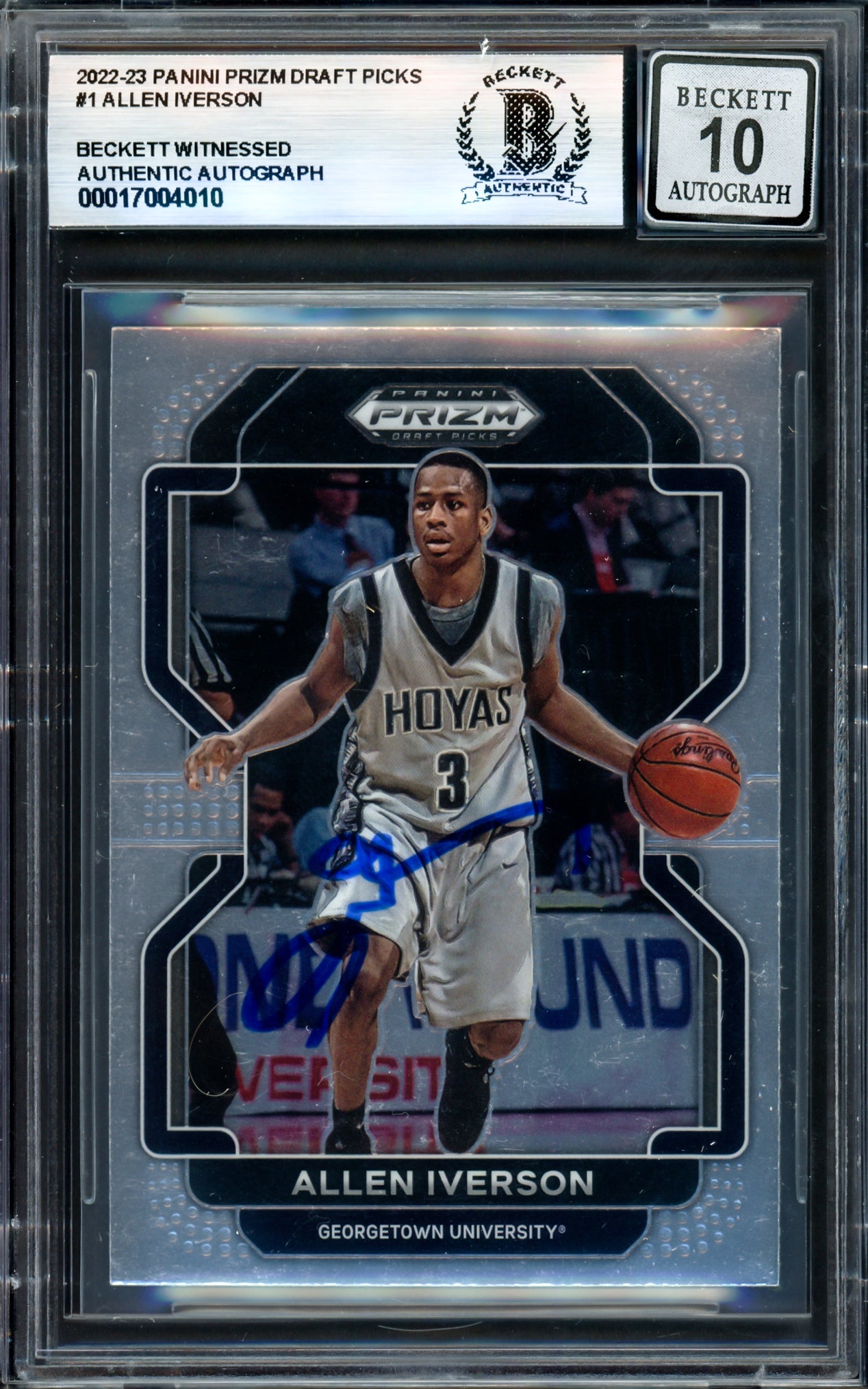 Allen Iverson Autographed 2022-23 Panini Prizm Draft Picks Basketball Card #1 Georgetown Auto - Beckett BAS Gem Mint 10 Grade - Witness #17004010 - Perfect for NBA Collectors & Memorabilia Displays