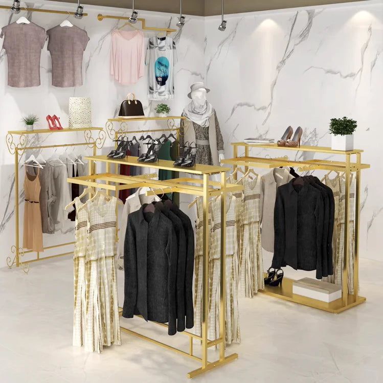 Clothing Display Stand - Floor Mounted Double Shelves for Retail Store & Boutique | Perfect for Organizing and Showcasing Apparel, Dresses, and Accessories