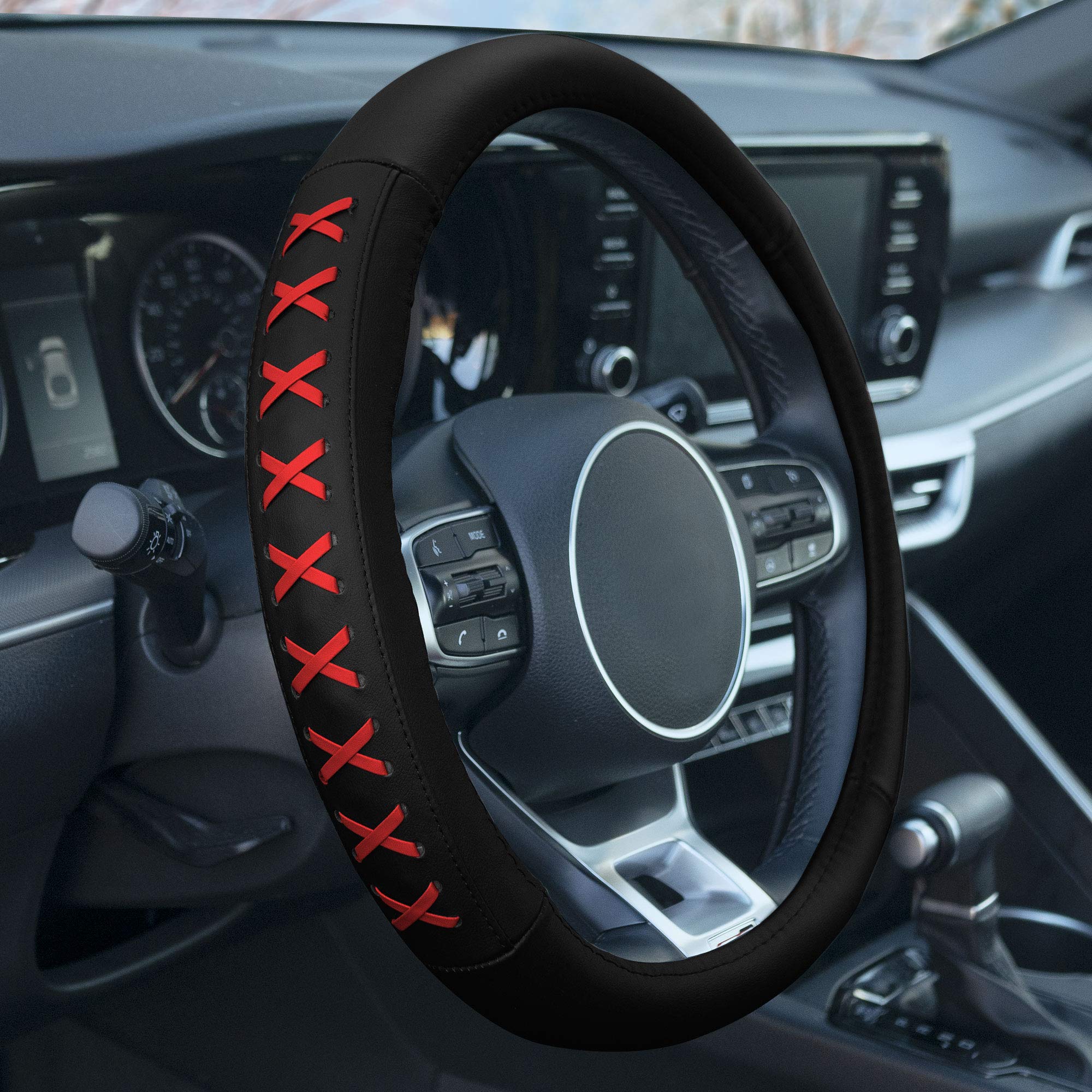 TLH Universal 15 Inch Red Genuine Leather Steering Wheel Cover with Lace-Up Design - Perfect for Cars, Trucks & SUVs - Enhances Grip & Style for Safe Driving