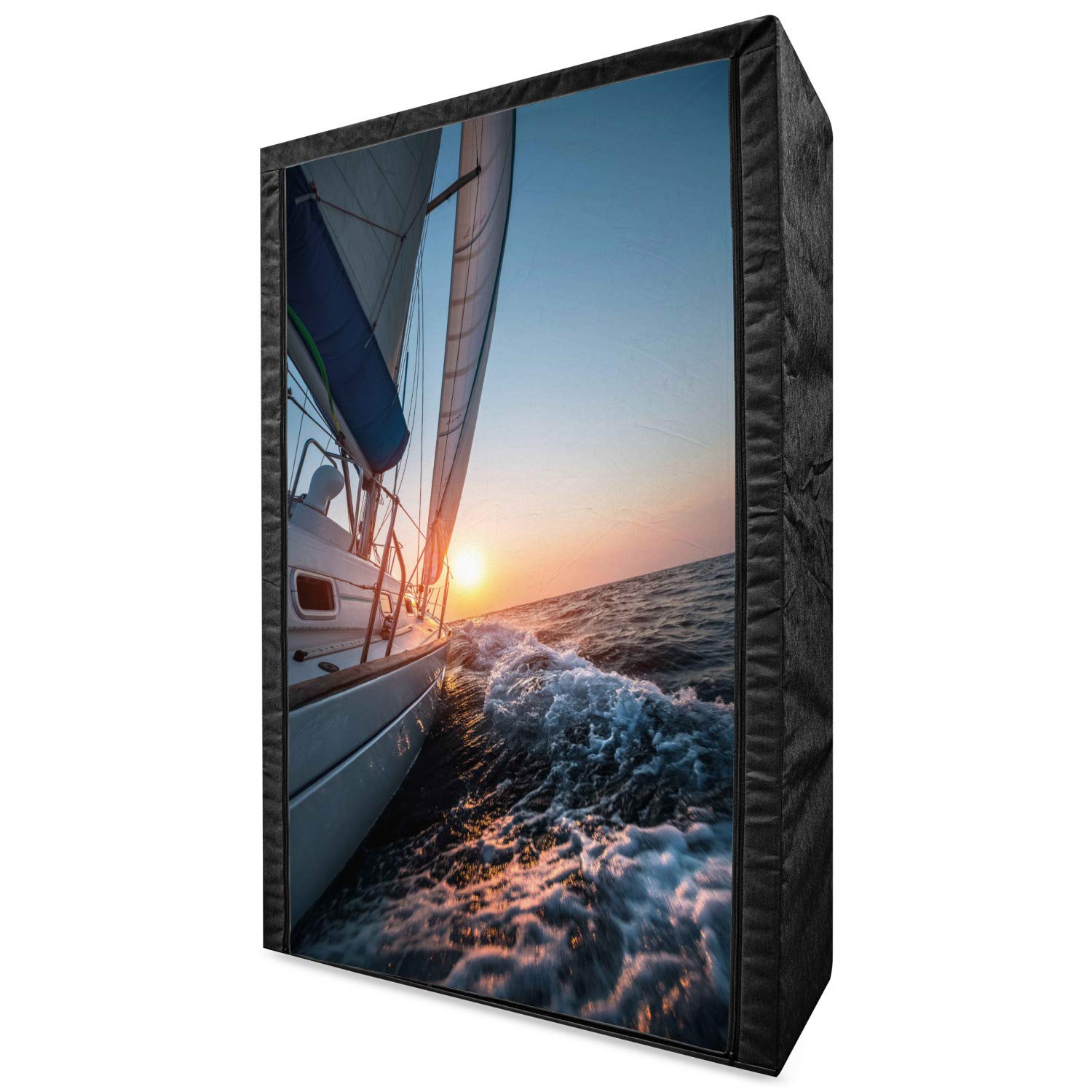 Ambesonne Nautical Portable Fabric Wardrobe - Sailboat Sunset Marine Design Closet Organizer with Shelves, 42.5 Inch, Pale Blue & Yellow | Perfect for Bedroom, Dorm, RV & Small Space Clothing Storage