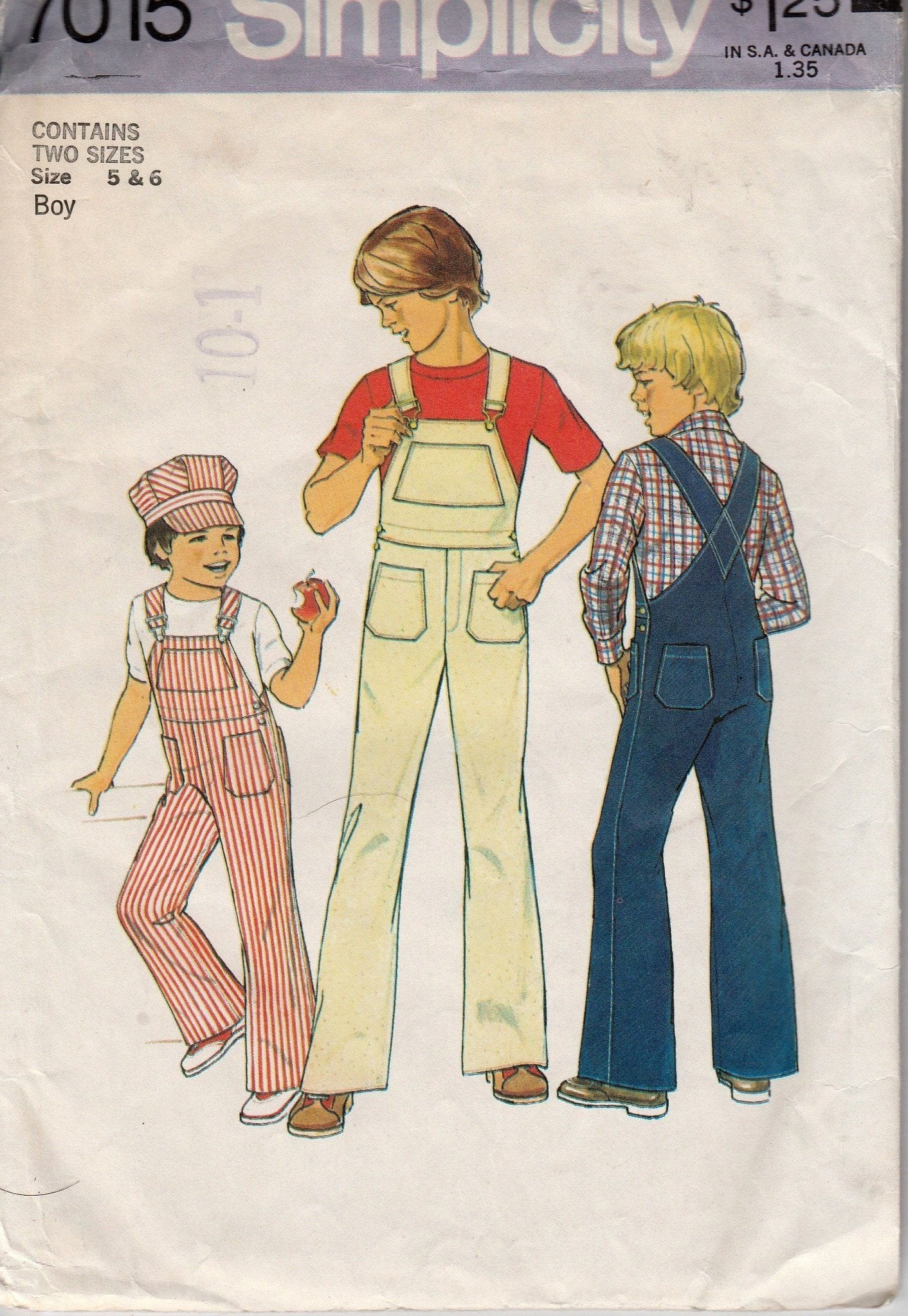 Vintage 1970s Boys Overalls & Cap Sewing Pattern - Simplicity 7015 with Suspenders - DIY Kids Costume, Retro Fashion, and Historical Reenactment Projects
