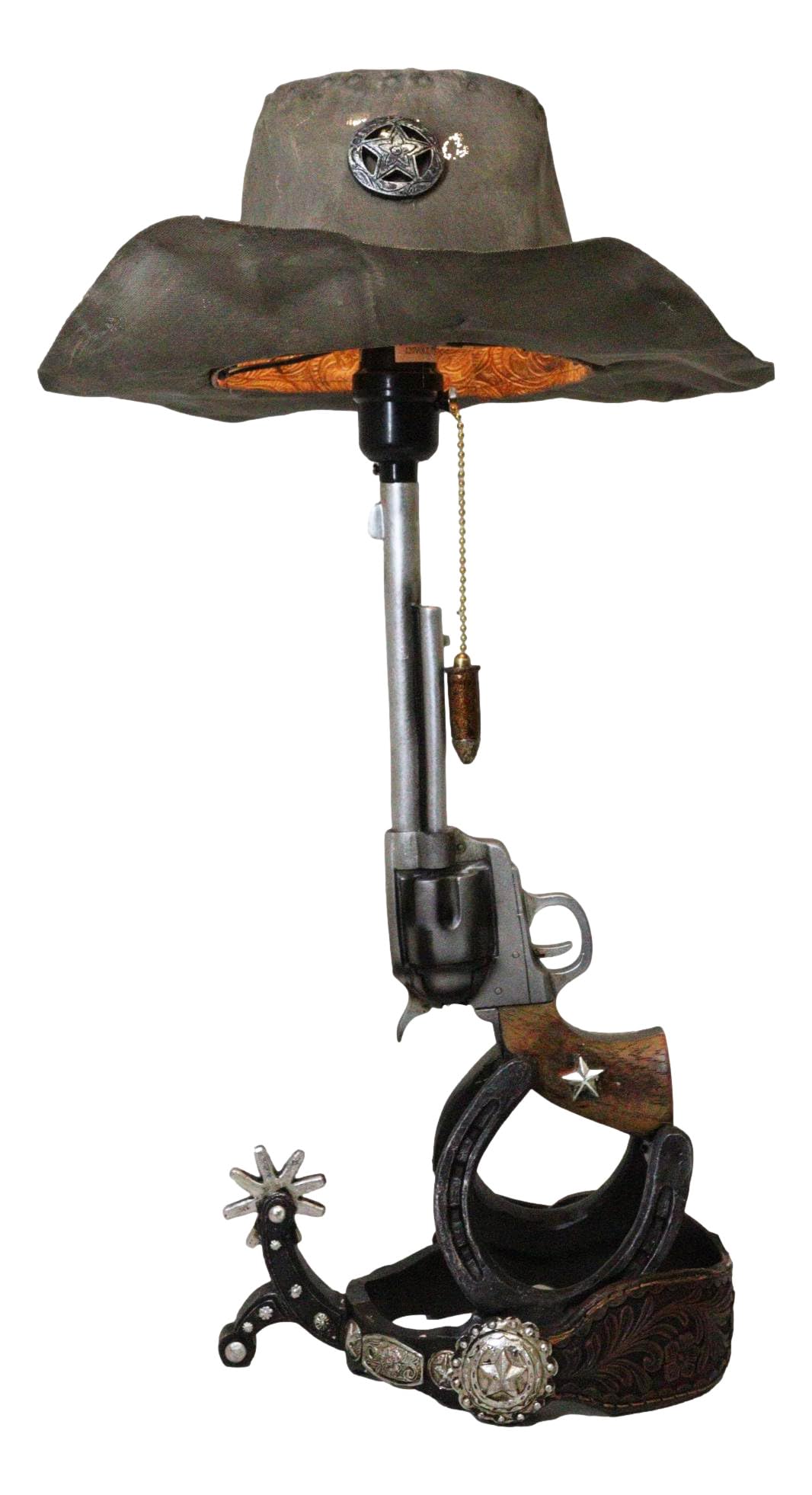 Western Cowboy Six Shooter Revolver Pistol Lamp with Horseshoe Heel Strap & Sheriff Hat Shade - Rustic Home Decor for Bedroom, Office, or Western-Themed Parties | Unique Gift for Cowboy Enthusiasts