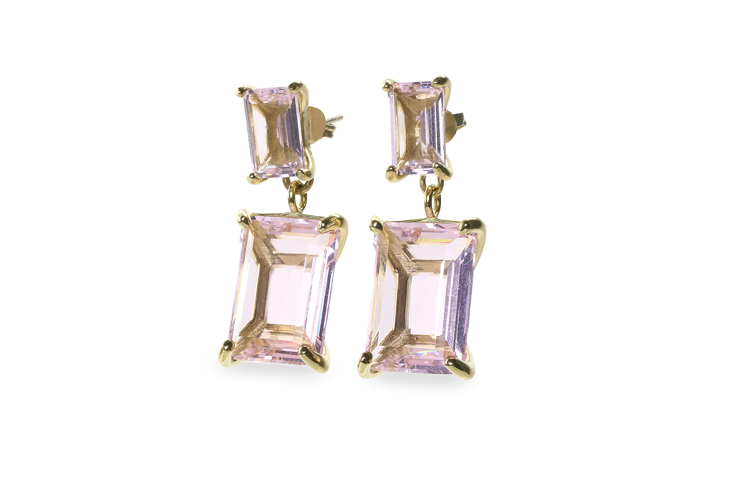 Gold Prong Set Double Rose Quartz Crystal Earrings for Women - Elegant Dangling Stud Fashion Jewelry - Perfect for Parties, Weddings & Celebrations - Gift Idea for Her - Boho Chic & Evening Wear Accessories