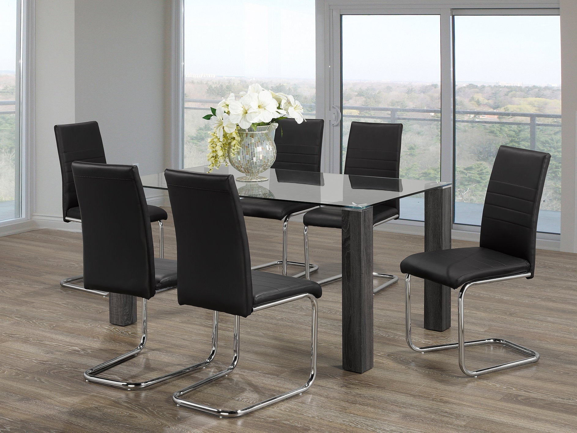 7-Piece Modern Glass Dining Table Set with Grey Wooden Legs & Black PU Chairs - Perfect for Small Spaces, Kitchens, and Contemporary Dining Rooms