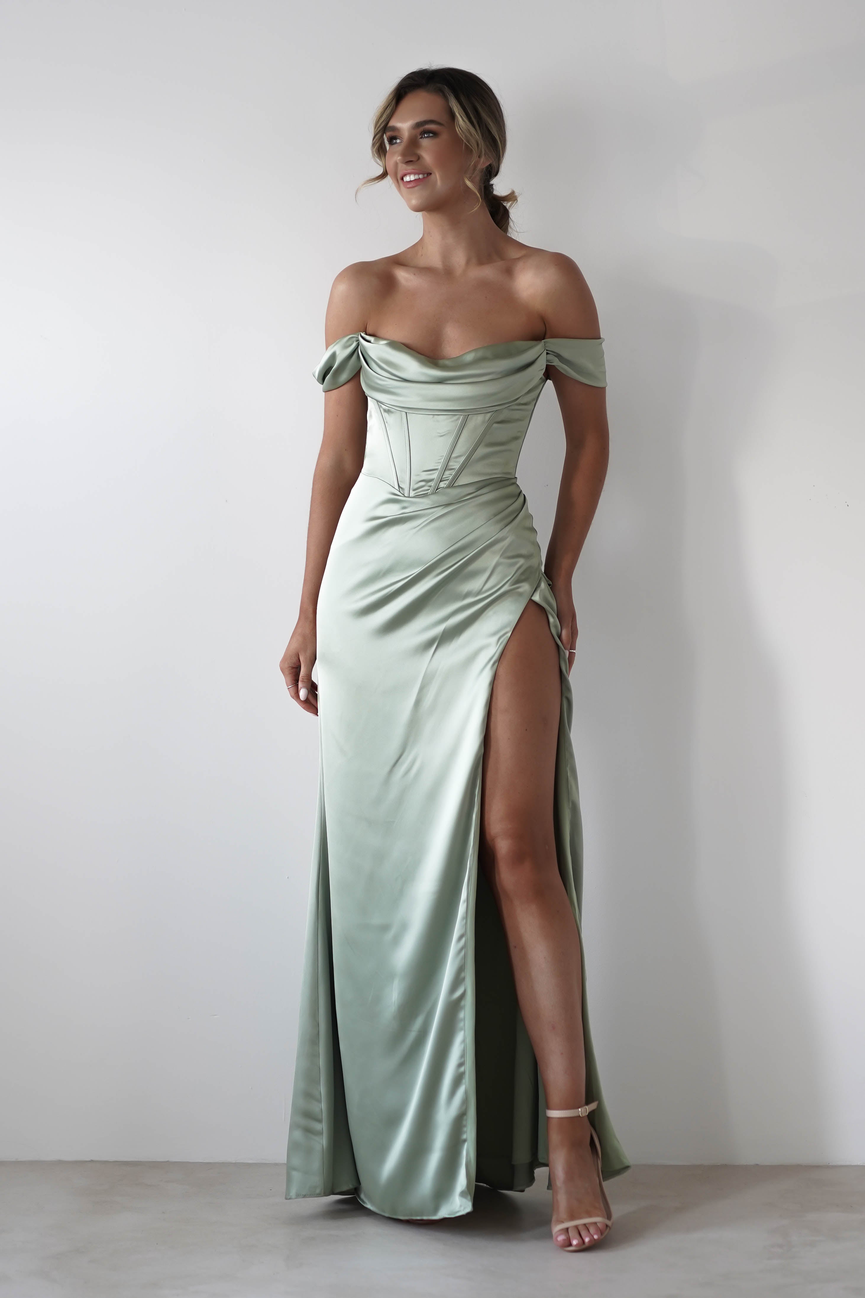Dionne Soft Coset Maxi Gown | Elegant Sage Green Long Dress for Women | Perfect for Weddings, Parties & Special Occasions
