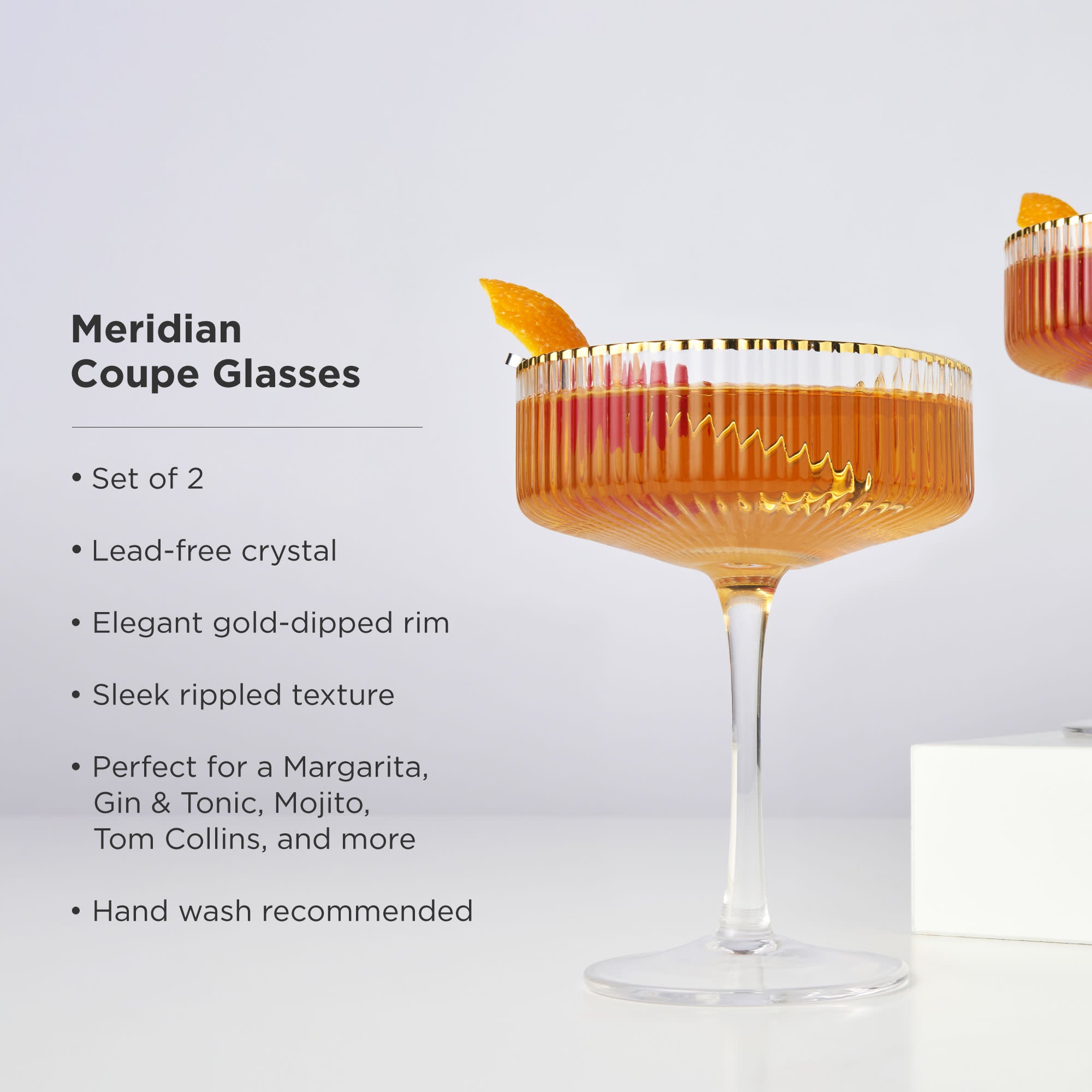 Premium Meridian Crystal Coupe Glasses Set of 2 - Elegant Stemware for Champagne, Cocktails & Wine - Perfect for Weddings, Anniversaries & Dinner Parties