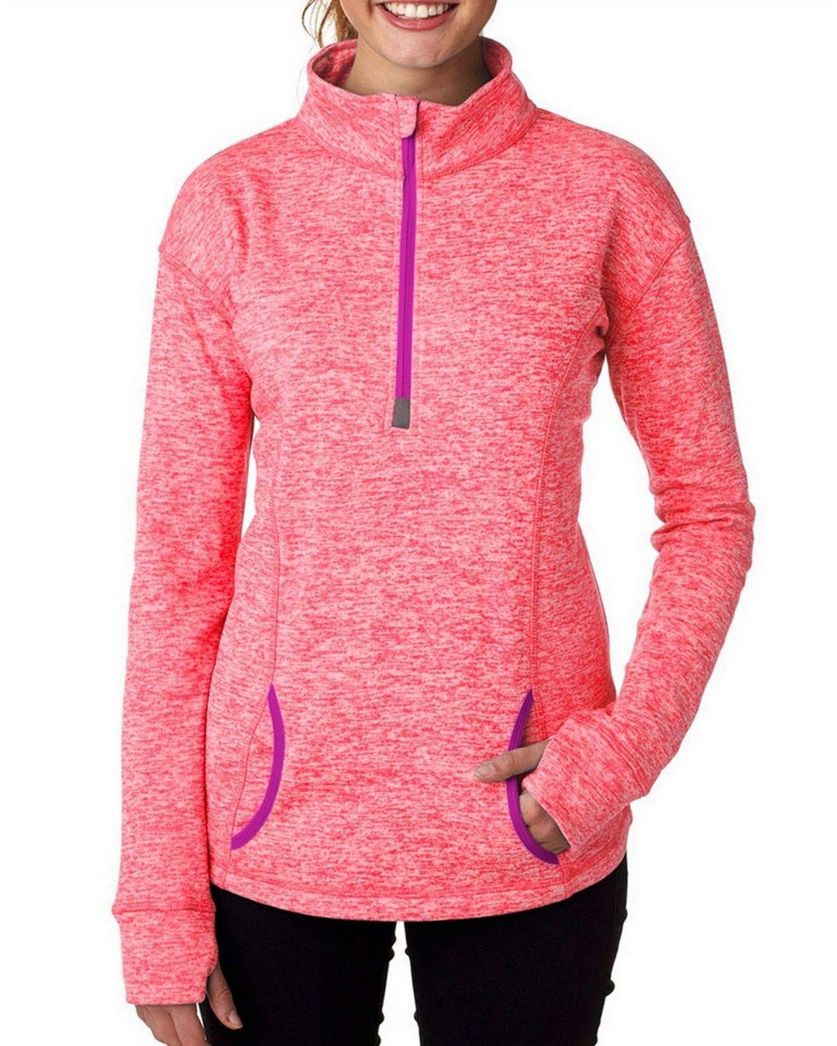 J America Women's Cosmic Fleece Quarter-Zip Pullover - XL Size in Magenta & Coral | Soft Warm Fleece Jacket for Outdoor Activities, Hiking & Casual Wear