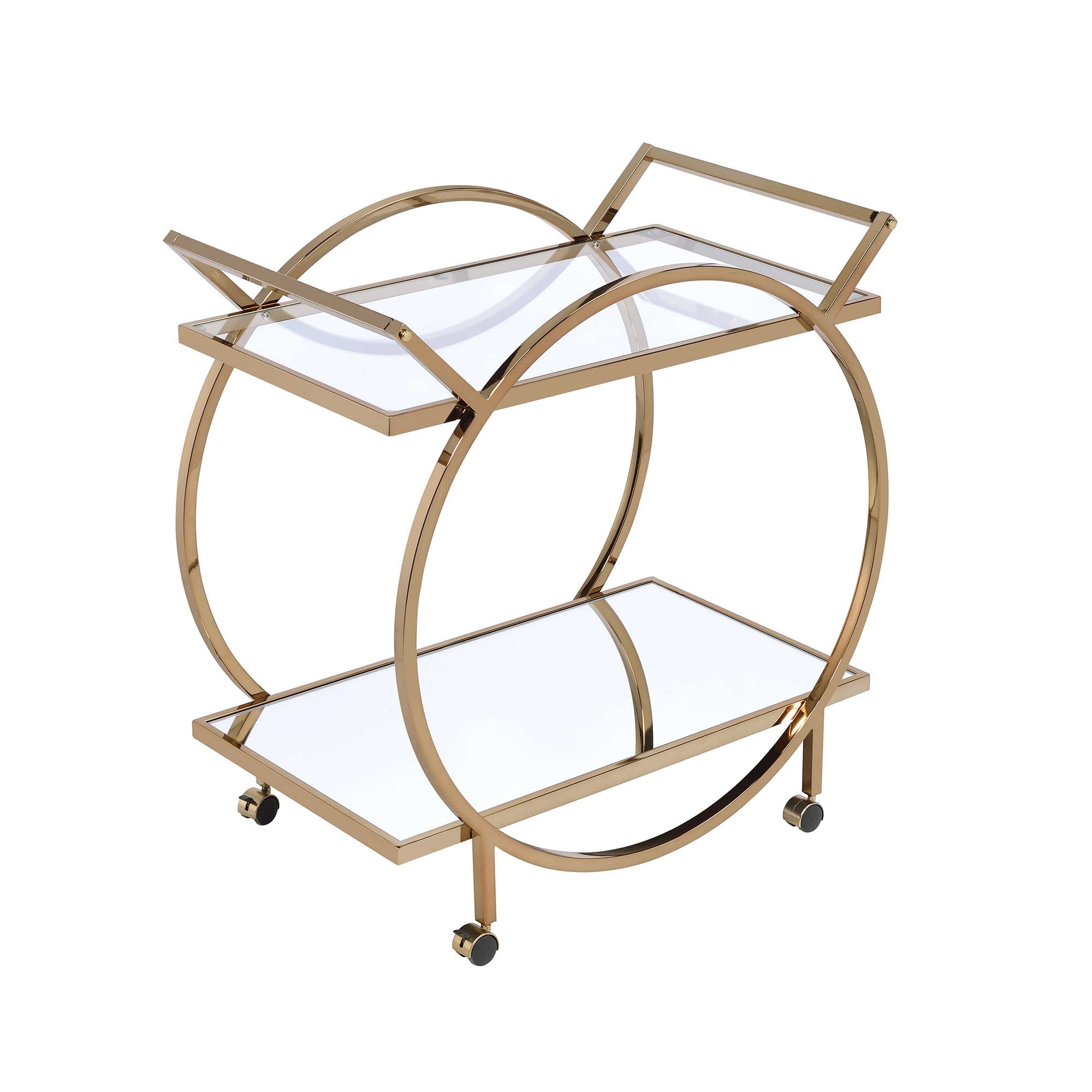 Benjara Gold Metal Serving Cart with Tempered Glass Shelves - Rolling Kitchen Bar Cart for Dining Room, Living Room, or Outdoor Entertaining