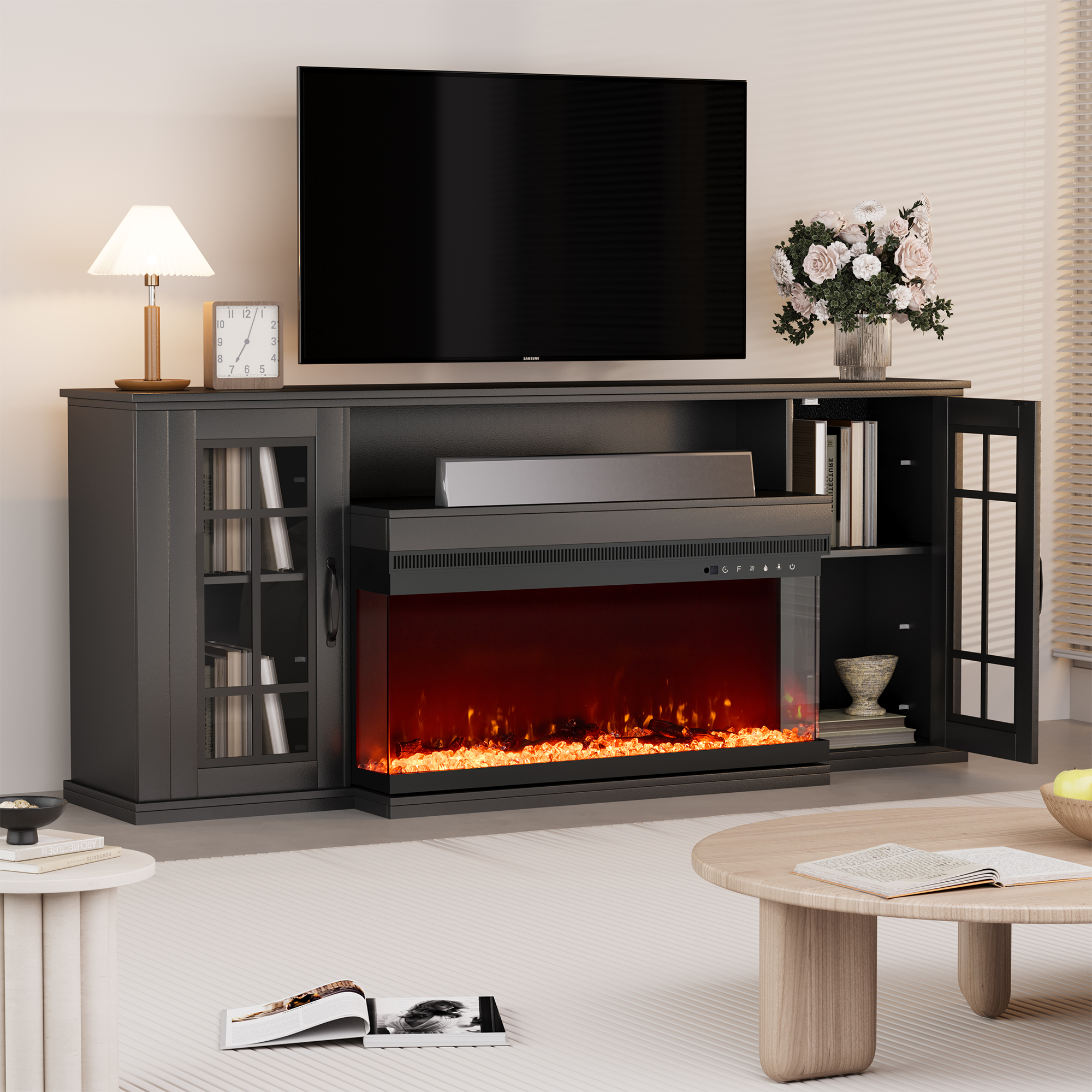 EROMMY 70-Inch 3-Sided Glass Fireplace TV Stand - Modern Media Console with 12 Color Flame Effects for TVs Up to 80 Inches - Black - Perfect for Living Room, Bedroom & Home Theater Setup