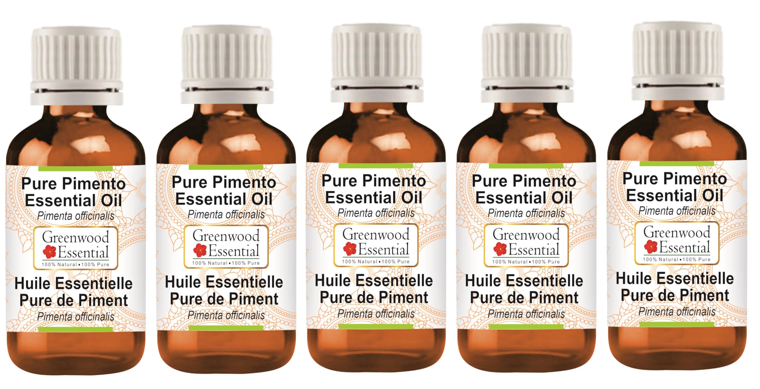 Pure Pimento Essential Oil (Pimenta officinalis) - 100% Natural, Steam Distilled - 5-Pack (100ml X 5, 16.9 oz Total) for Aromatherapy, Massage & DIY Skincare