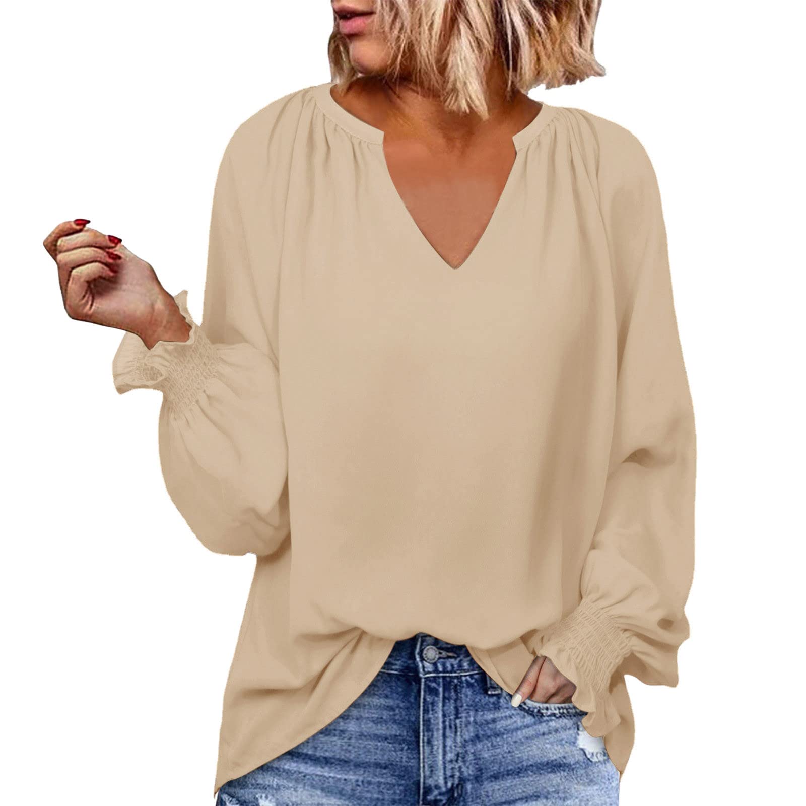 Women's Ruffle Long Sleeve Tunic Blouse - Elegant V-Neck Casual & Office Tops for Work, Date Night & Everyday Wear