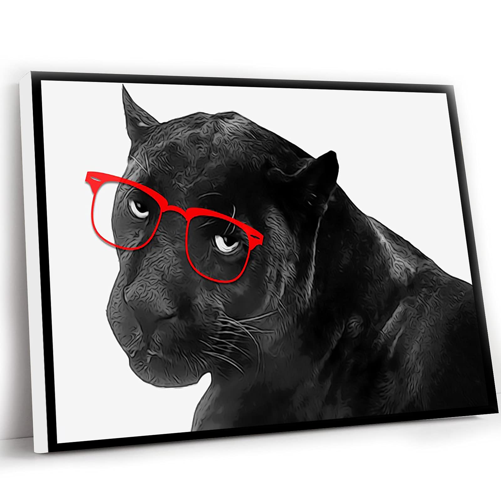 Girls Bathroom Wall Decor - 12x16 Inch Framed Canvas Nursery Art with Panther Print & Animals Wearing Glasses in Black and White | Perfect for Kids' Rooms, Playrooms & Nursery Decor