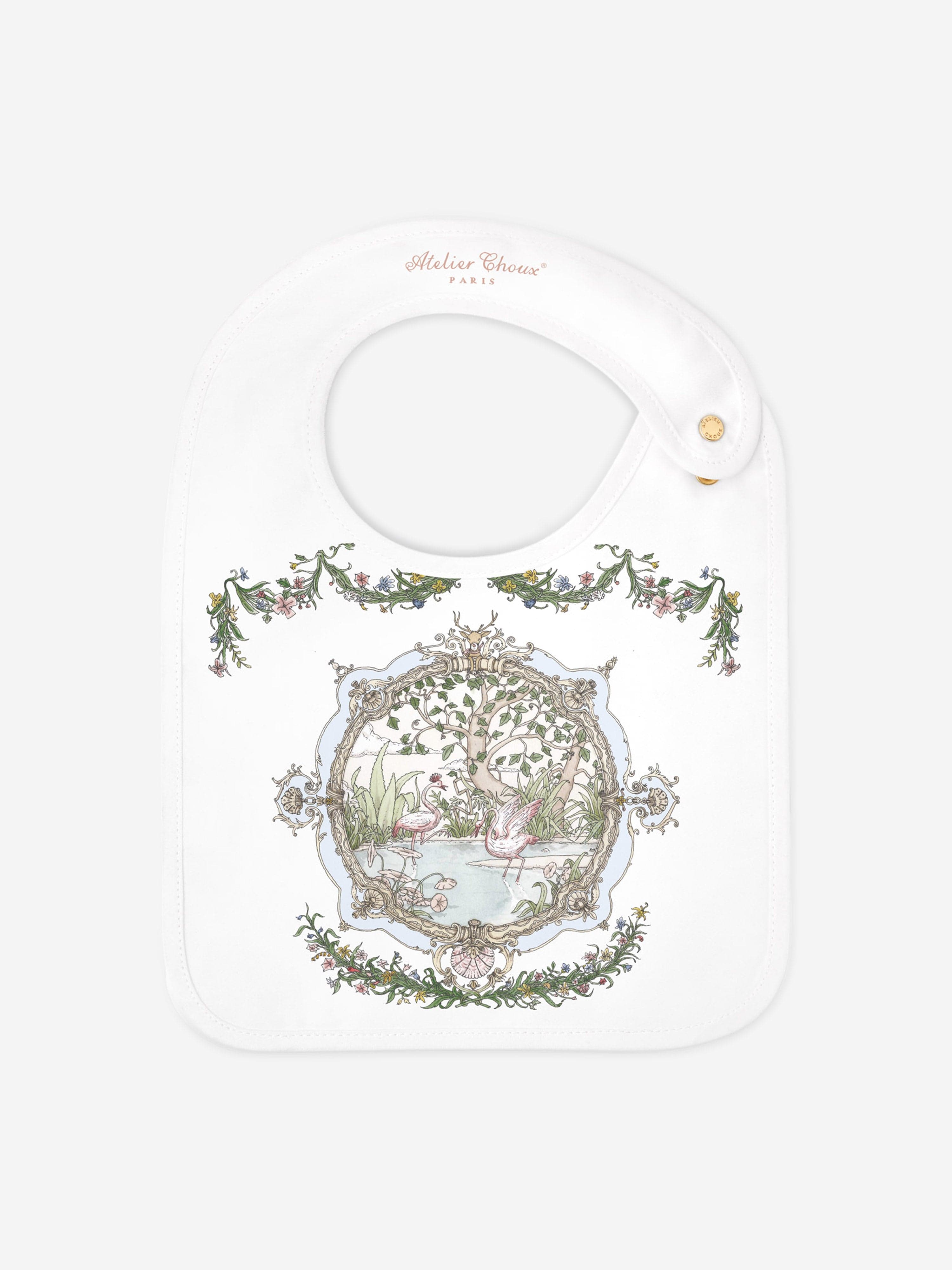 Atelier Choux Premium Baby Satin Tapestry Bib - Soft White Luxury Drool Bib for Newborns & Infants - Perfect for Feeding, Teething & Photo Shoots